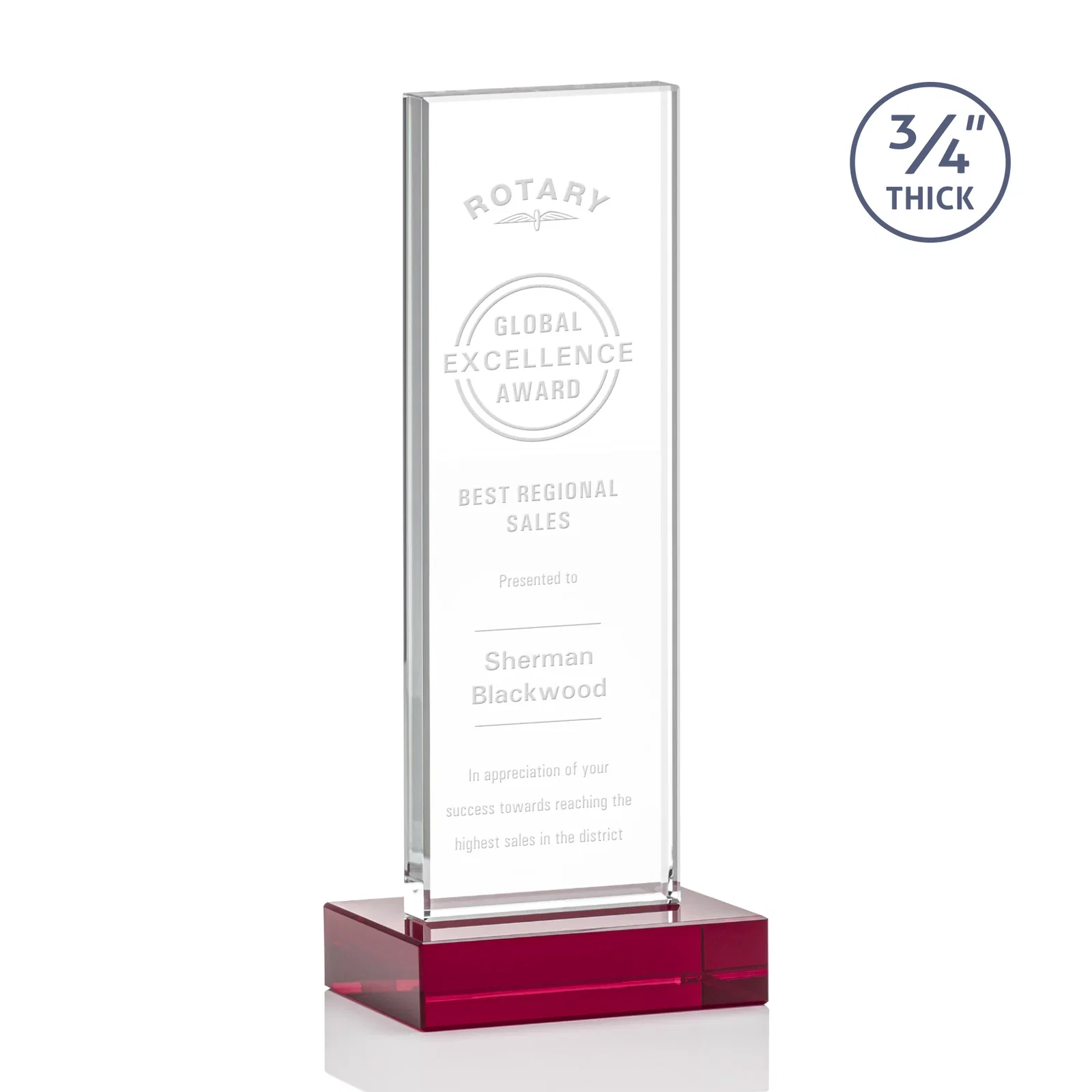 Promotional Starfire Crystal Upright Award on 1 Inch Thick Crystal Base, awards for company anniversary events