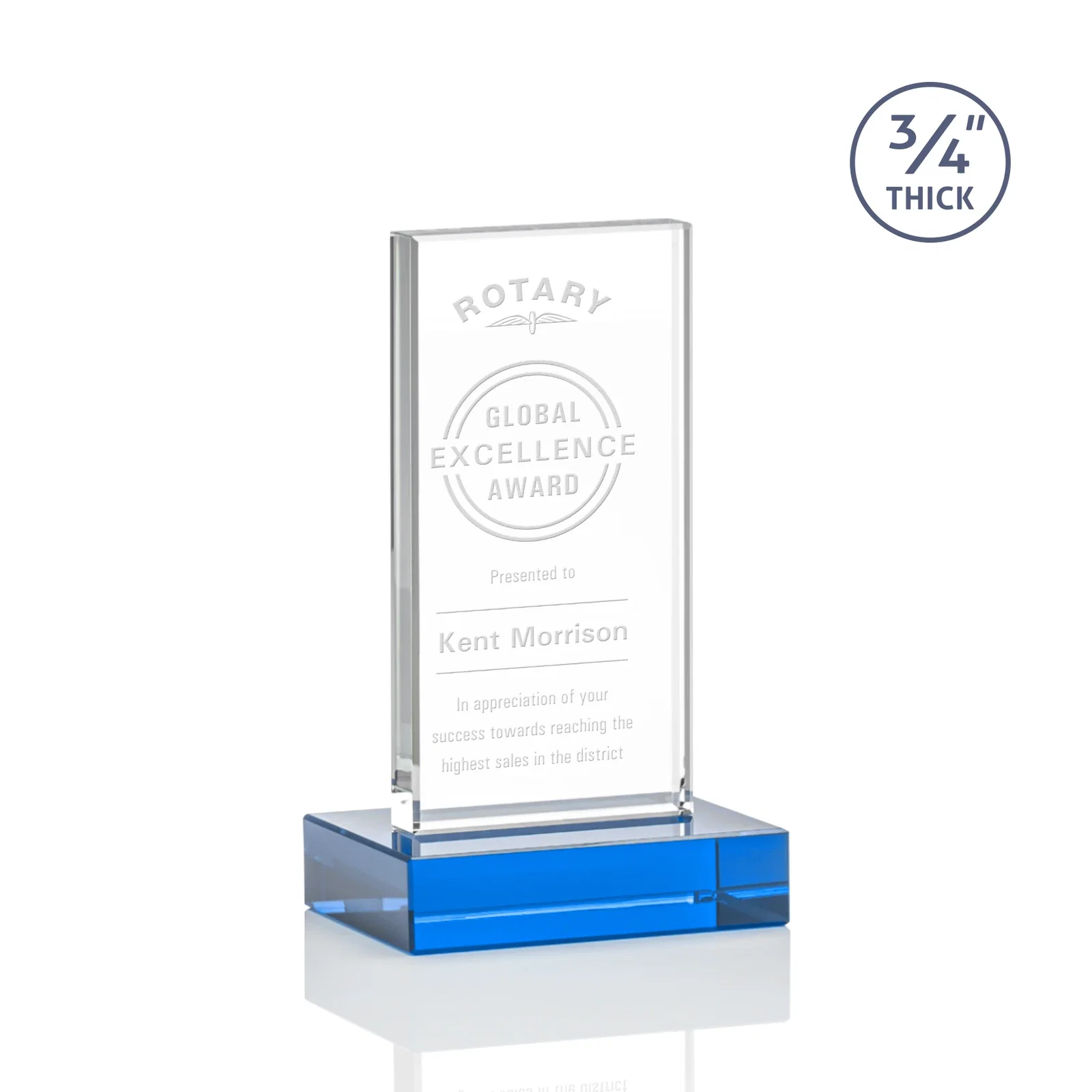 Branded Starfire Crystal Upright Award on 1 Inch Thick Crystal Base, awards for service anniversary gifts