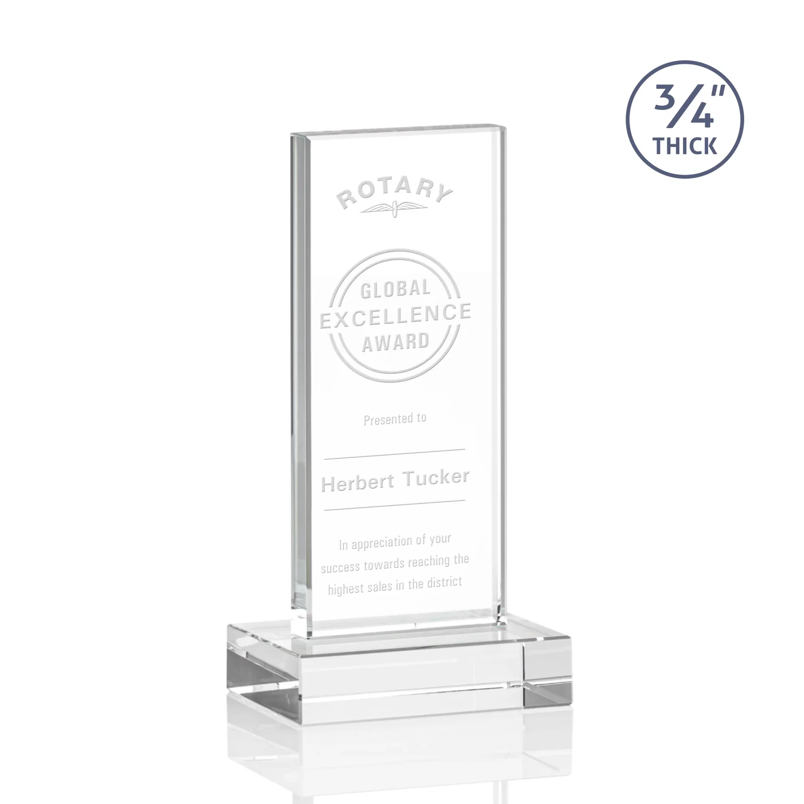 Custom Starfire Crystal Upright Award on 1 Inch Thick Crystal Base, awards for sales achievement awards