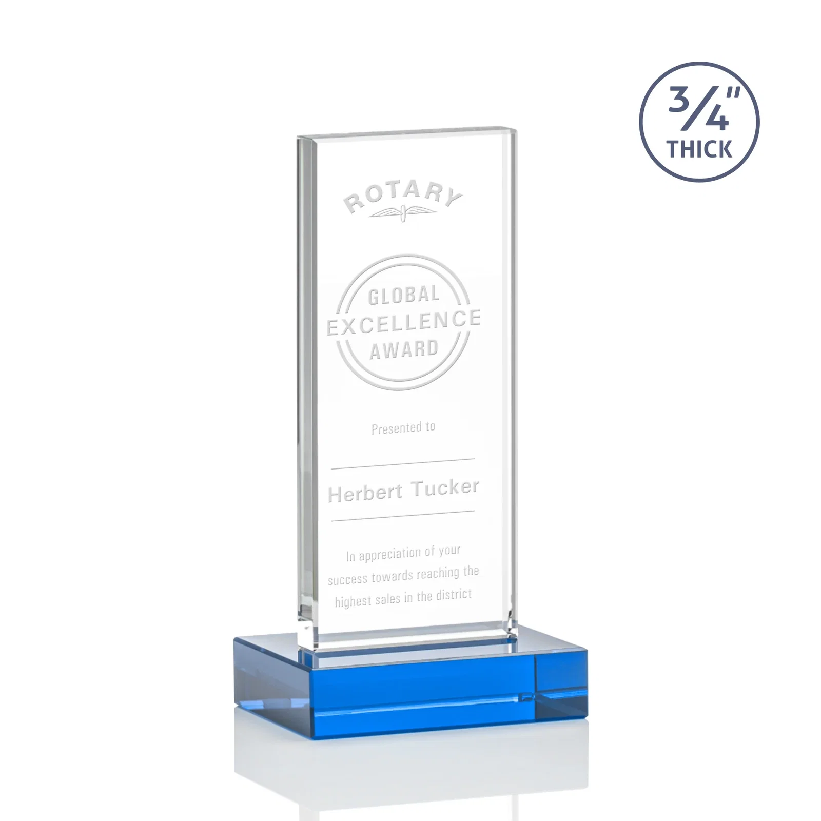 Branded Starfire Crystal Upright Award on 1 Inch Thick Crystal Base, awards for sales achievement awards