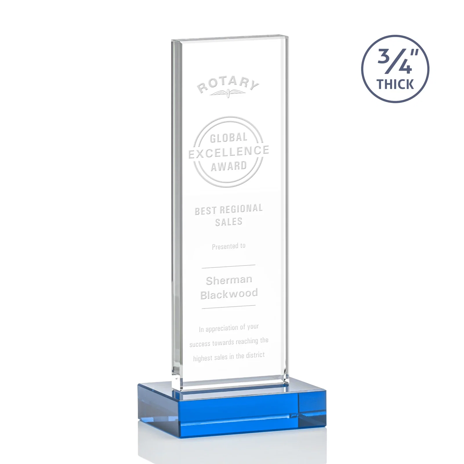 Branded Starfire Crystal Upright Award on 1 Inch Thick Crystal Base, awards for team milestone celebrations