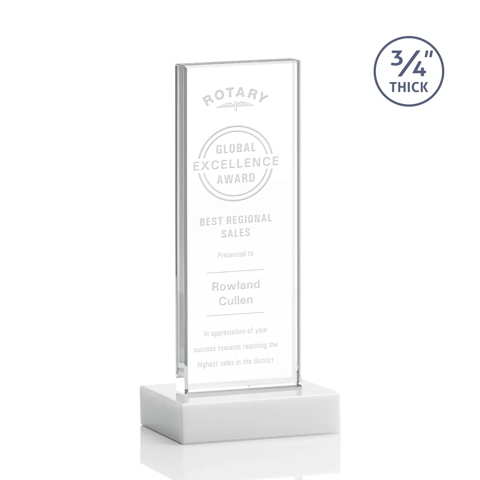 Branded Starfire Crystal Upright Award on 1 Inch Thick Crystal Base, awards for dealer and partner awards