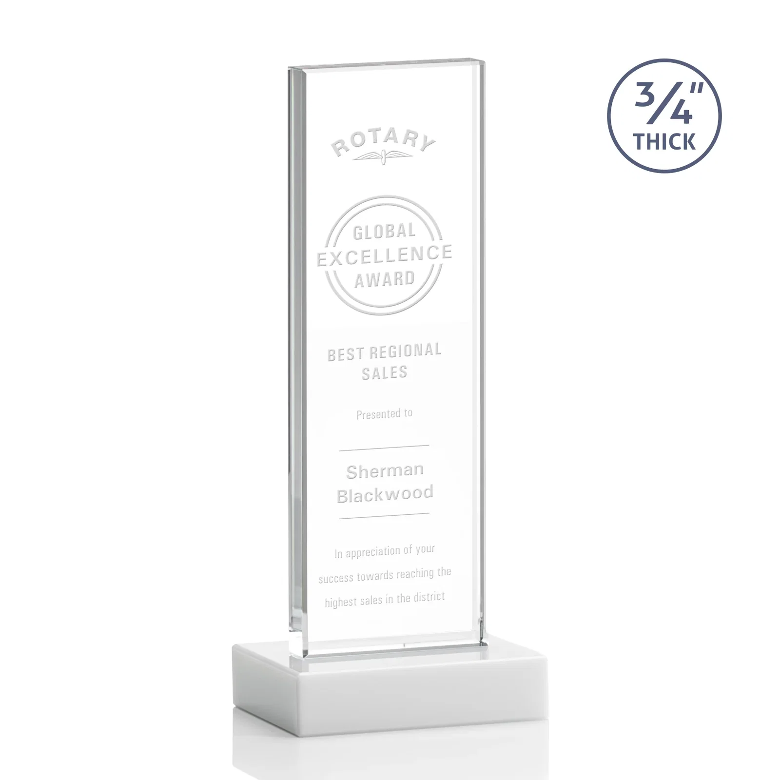 Branded Starfire Crystal Upright Award on 1 Inch Thick Crystal Base, awards for company anniversary events