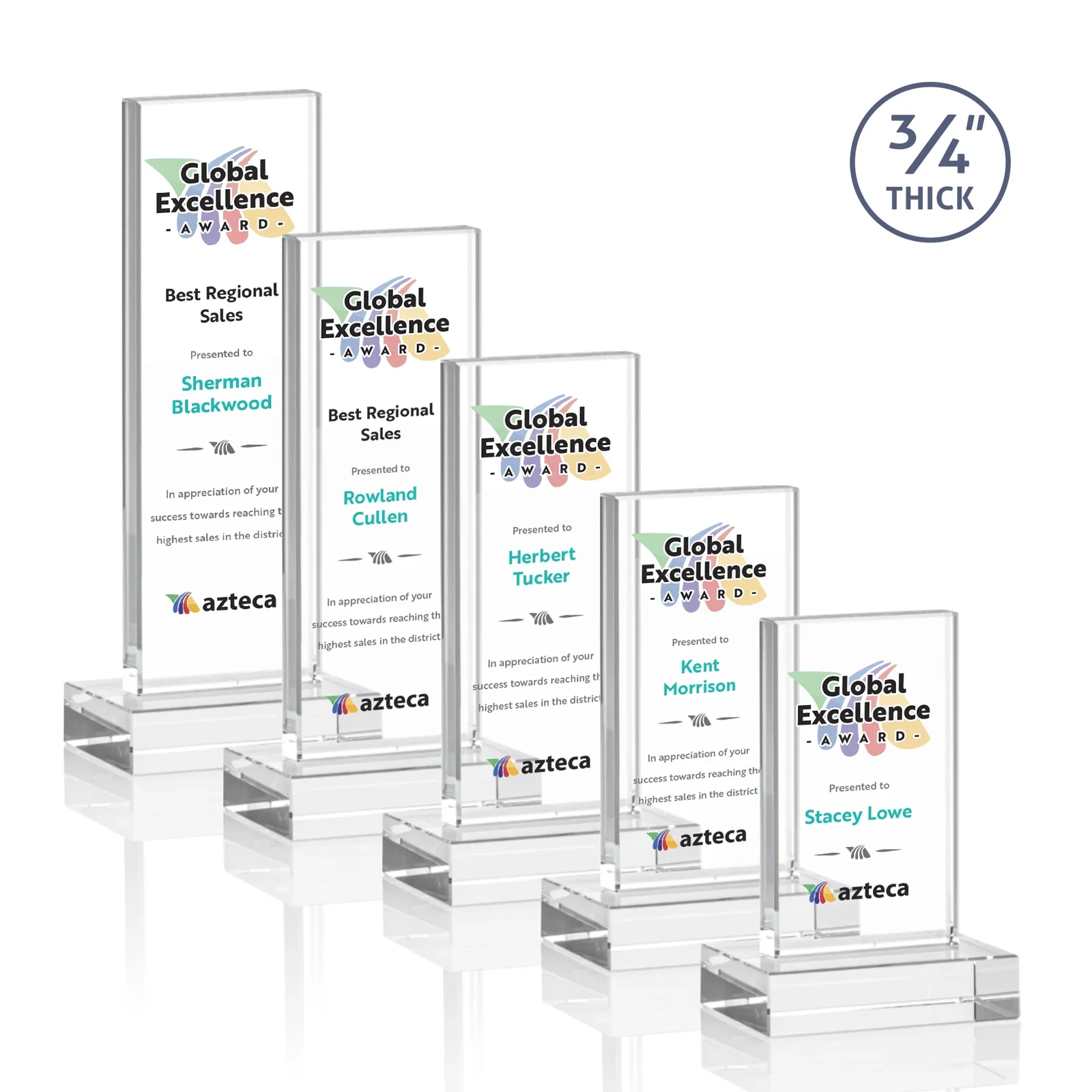 Custom printed Starfire Crystal Upright Award on 1 Inch Thick Crystal Base, awards for employee recognition