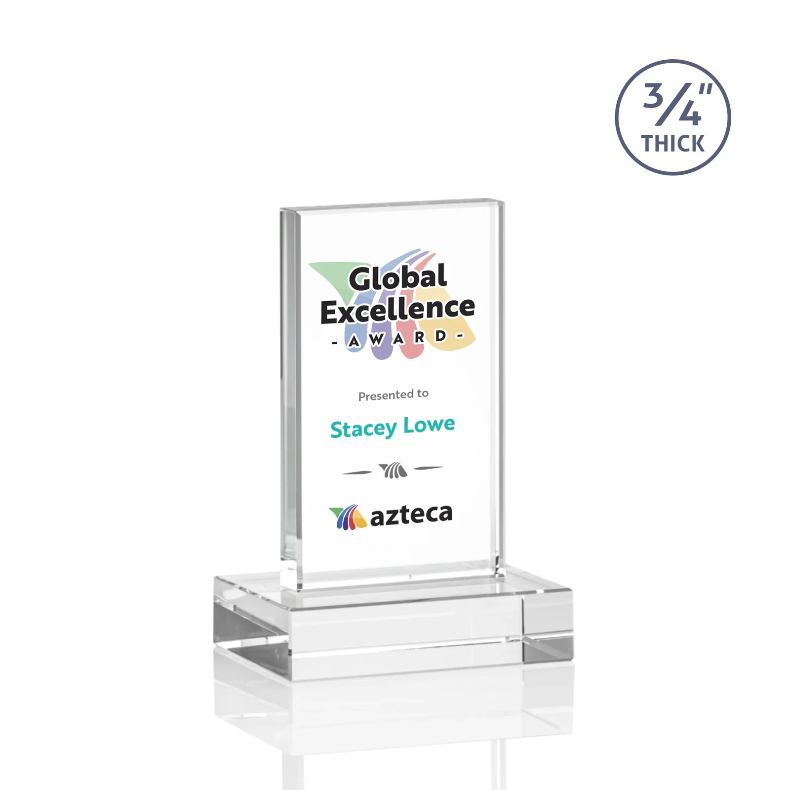 Custom printed Starfire Crystal Upright Award on 1 Inch Thick Crystal Base, awards for corporate award ceremonies