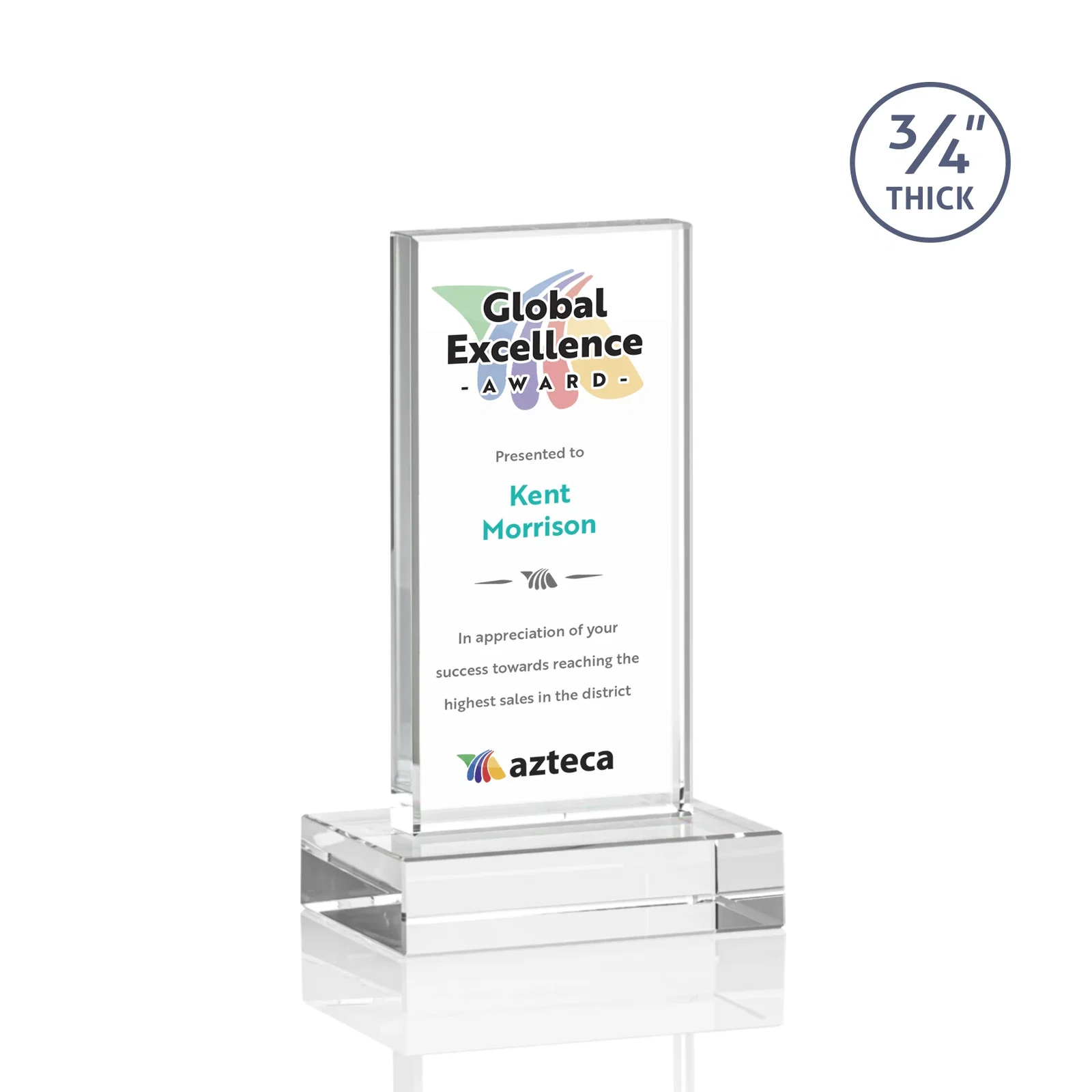 Custom printed Starfire Crystal Upright Award on 1 Inch Thick Crystal Base, awards for service anniversary gifts
