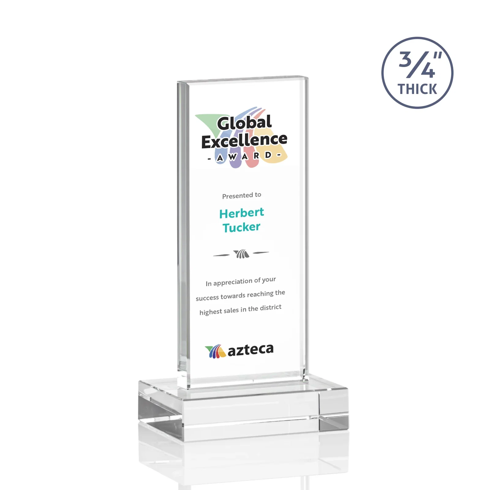 Custom printed Starfire Crystal Upright Award on 1 Inch Thick Crystal Base, awards for sales achievement awards