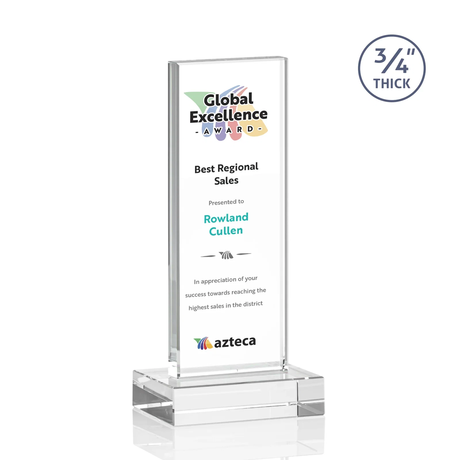 Custom printed Starfire Crystal Upright Award on 1 Inch Thick Crystal Base, awards for retirement presentations
