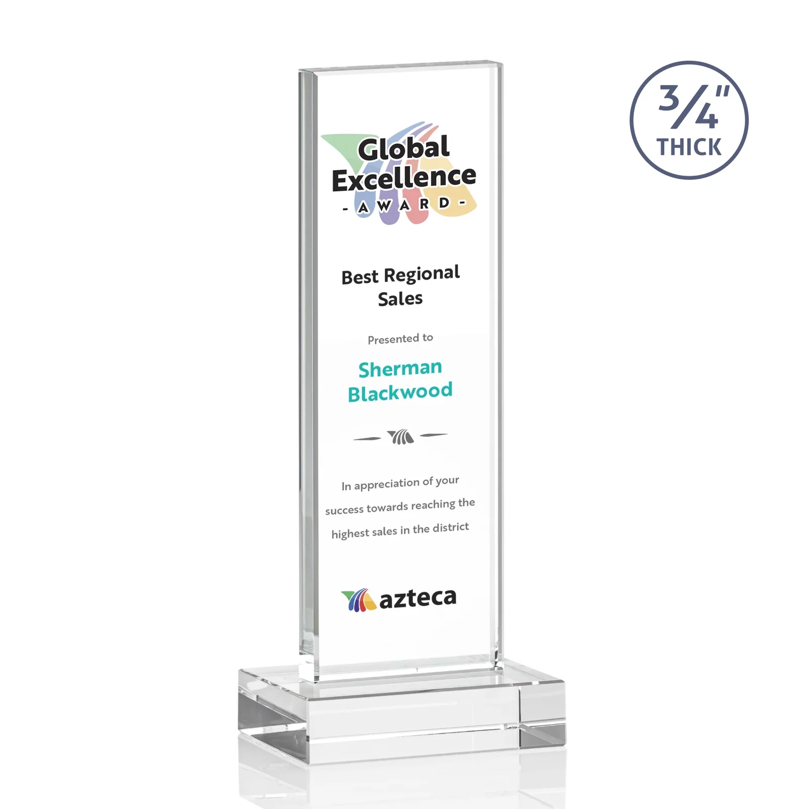 Custom printed Starfire Crystal Upright Award on 1 Inch Thick Crystal Base, awards for team milestone celebrations
