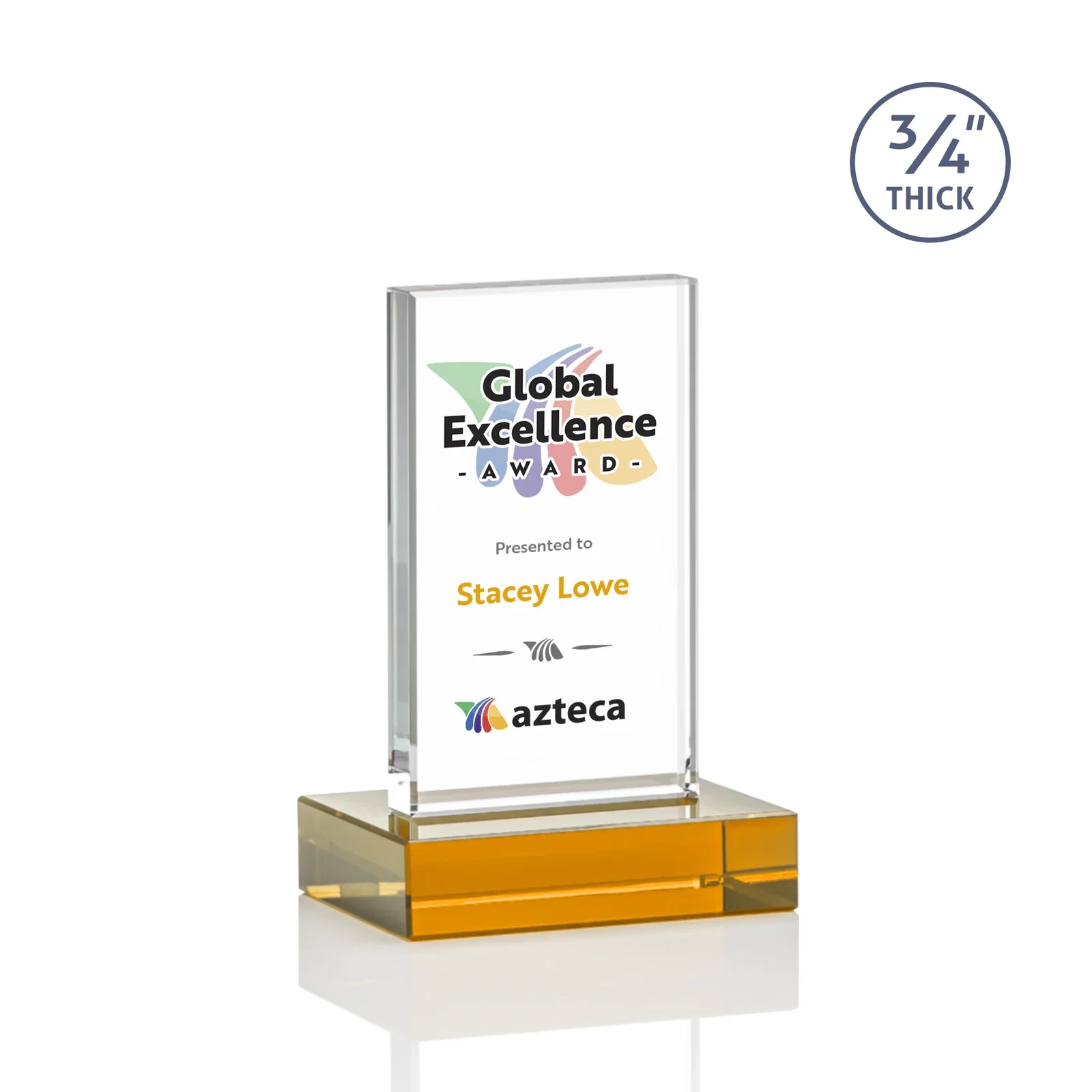 Custom printed Starfire Crystal Upright Award on 1 Inch Thick Crystal Base, awards for graduation ceremonies