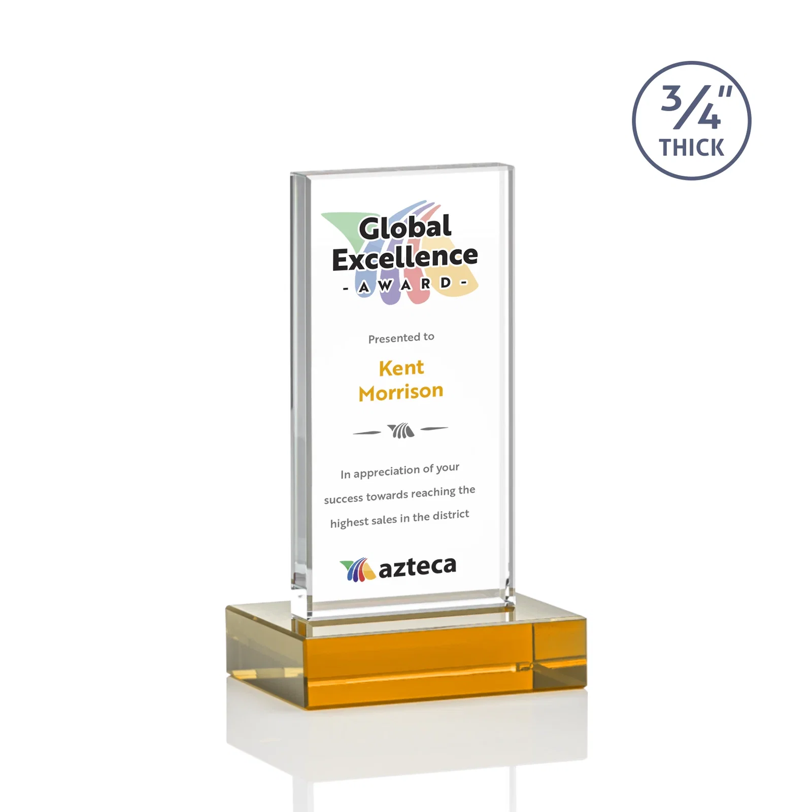 Custom printed Starfire Crystal Upright Award on 1 Inch Thick Crystal Base, awards for safety achievement programs