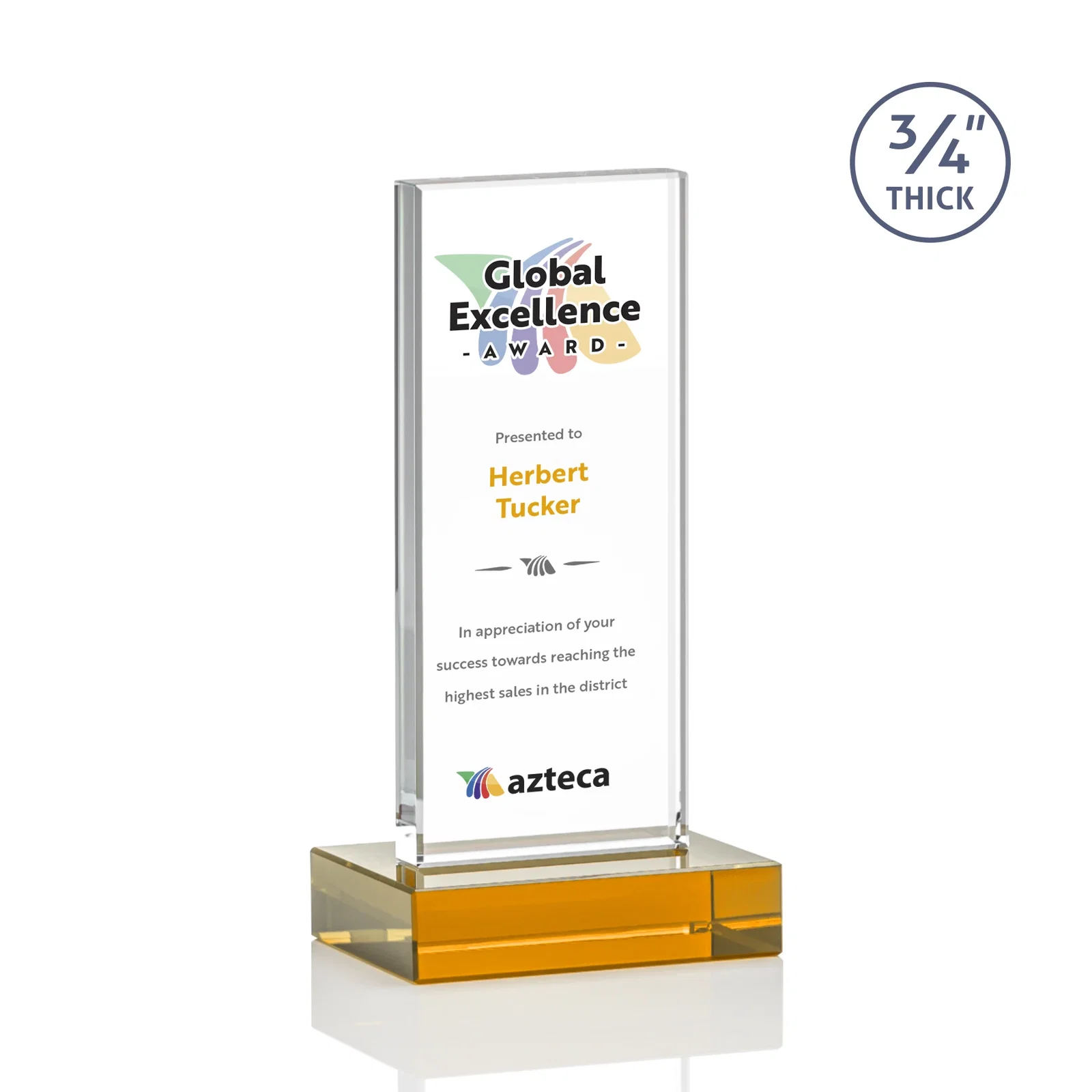 Custom printed Starfire Crystal Upright Award on 1 Inch Thick Crystal Base, awards for volunteer appreciation