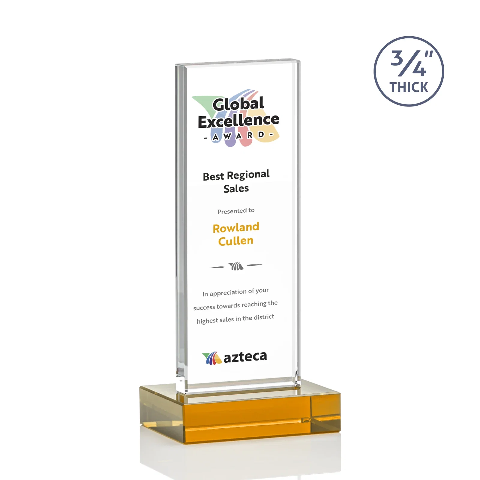 Custom printed Starfire Crystal Upright Award on 1 Inch Thick Crystal Base, awards for dealer and partner awards