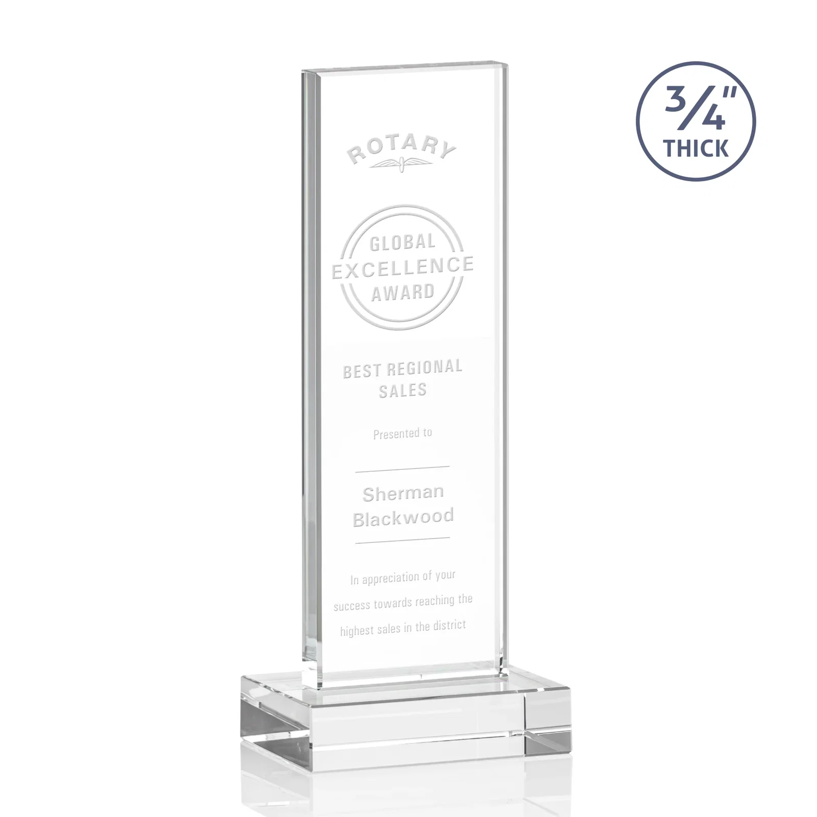Custom Starfire Crystal Upright Award on 1 Inch Thick Crystal Base, awards for team milestone celebrations