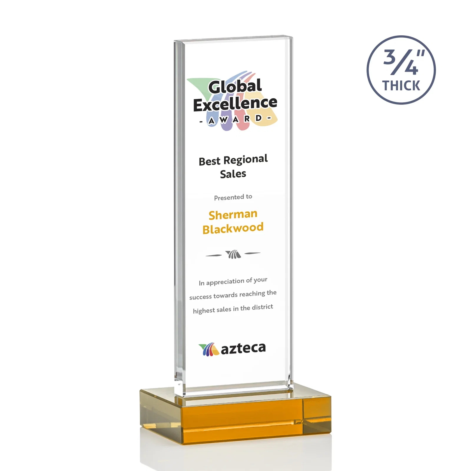 Custom printed Starfire Crystal Upright Award on 1 Inch Thick Crystal Base, awards for company anniversary events
