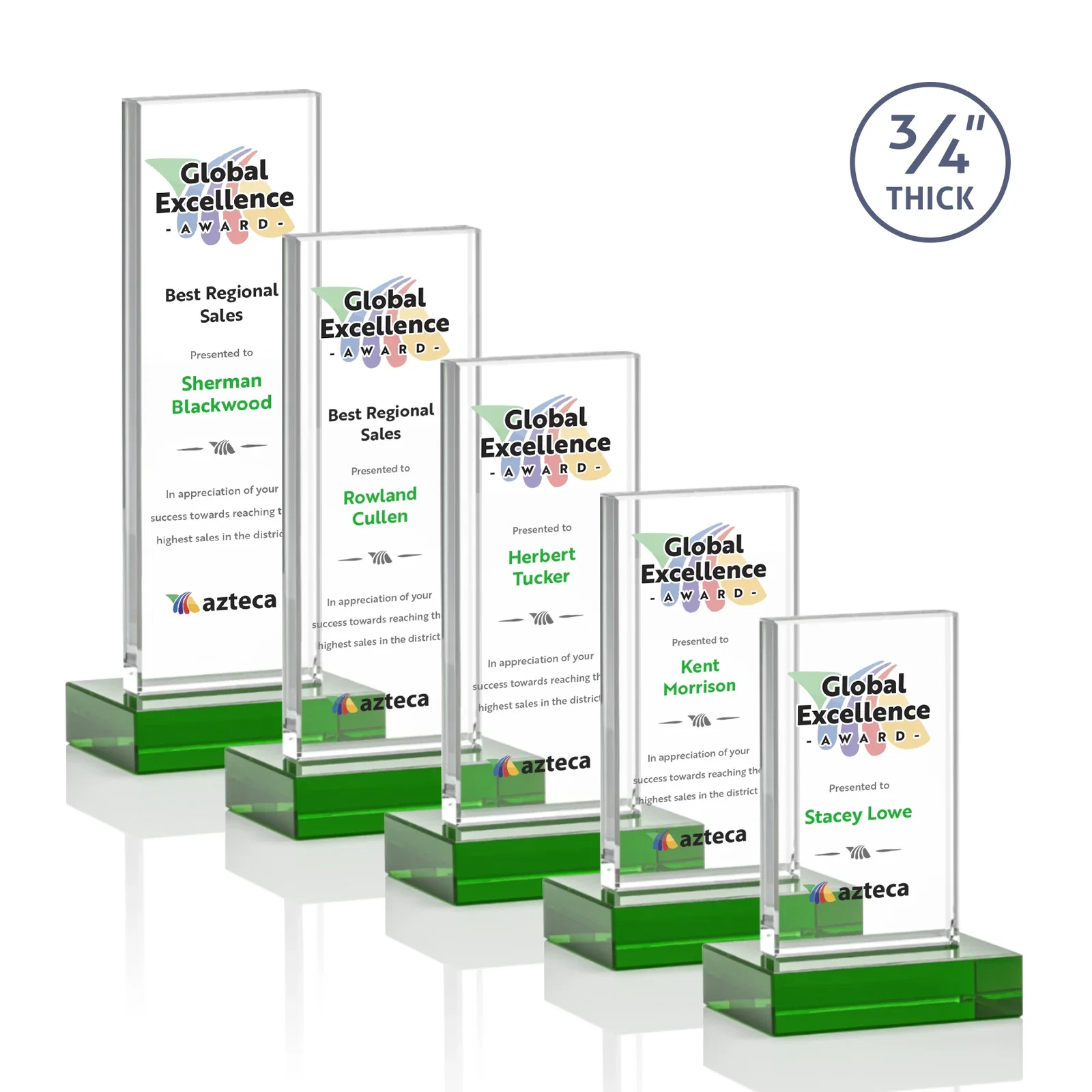 Customized Starfire Crystal Upright Award on 1 Inch Thick Crystal Base, awards for employee recognition
