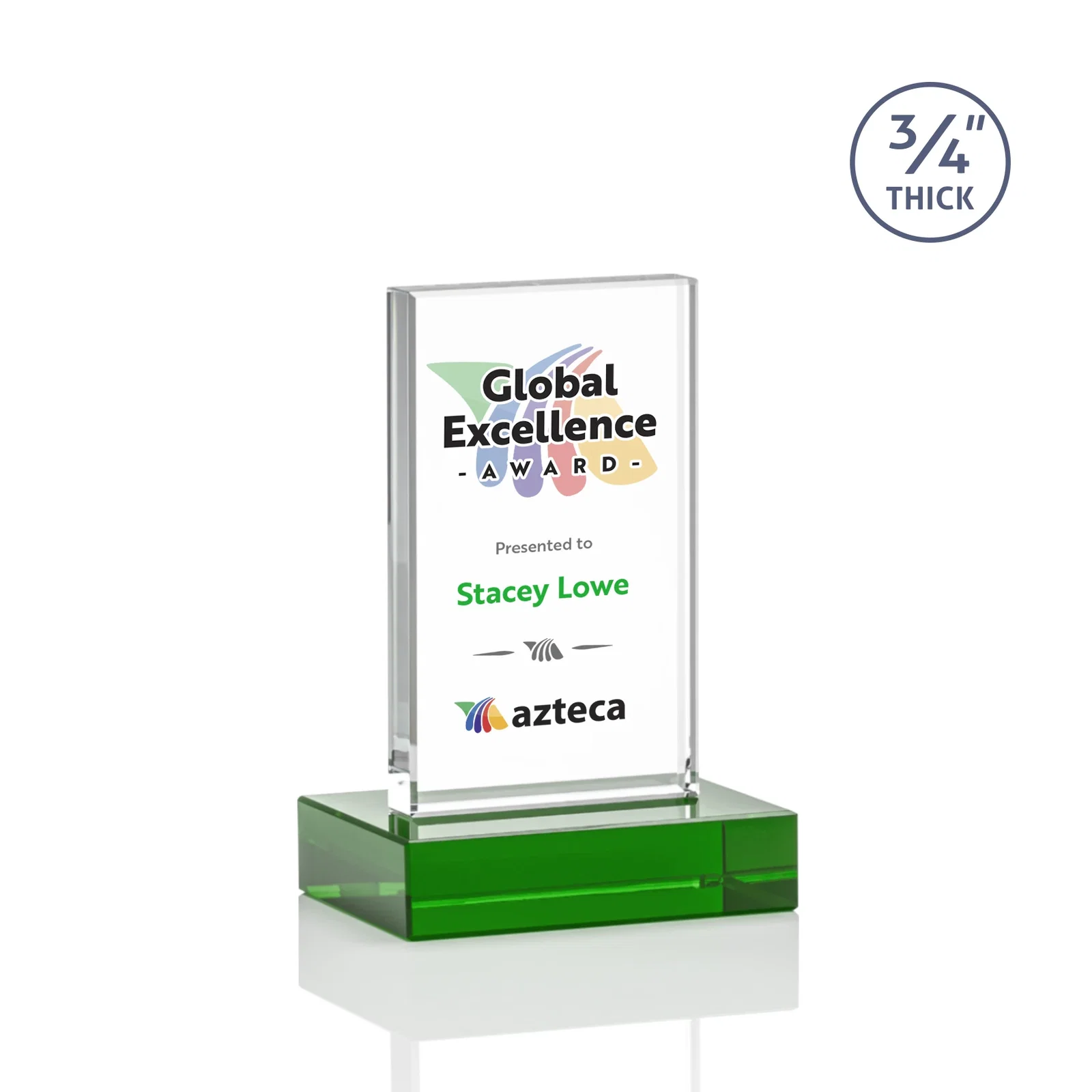 Customized Starfire Crystal Upright Award on 1 Inch Thick Crystal Base, awards for corporate award ceremonies