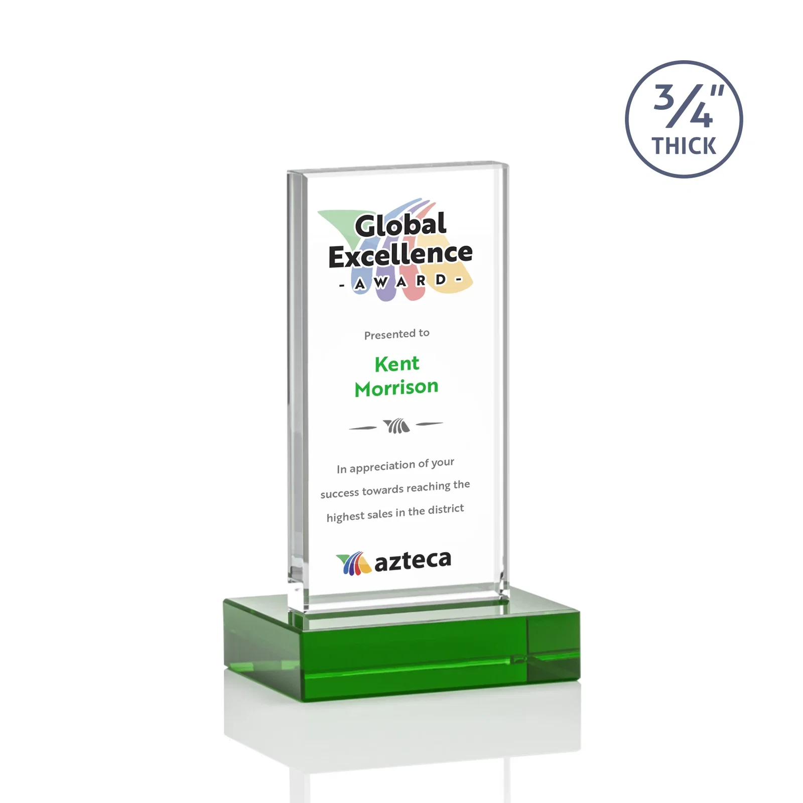 Customized Starfire Crystal Upright Award on 1 Inch Thick Crystal Base, awards for service anniversary gifts