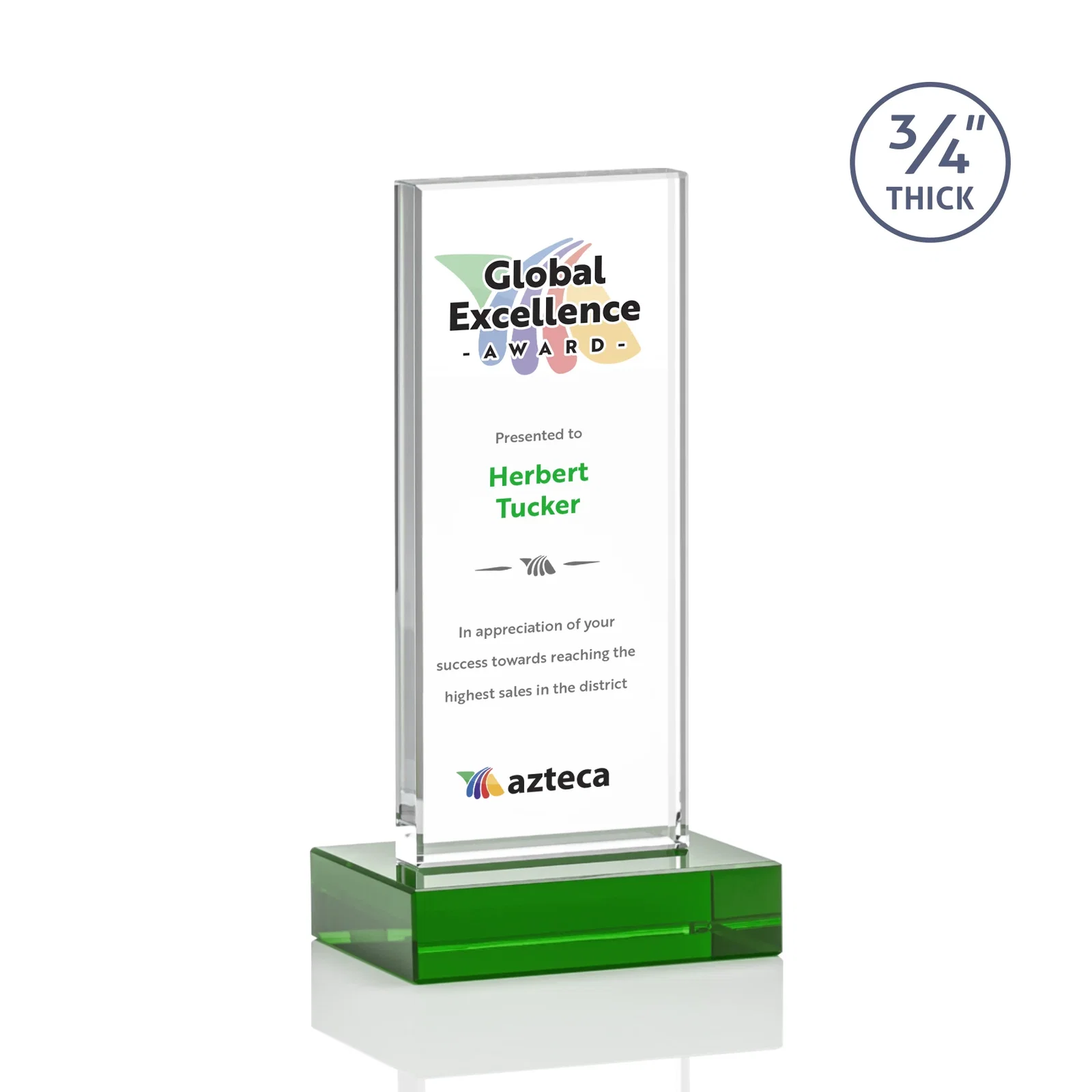 Customized Starfire Crystal Upright Award on 1 Inch Thick Crystal Base, awards for sales achievement awards