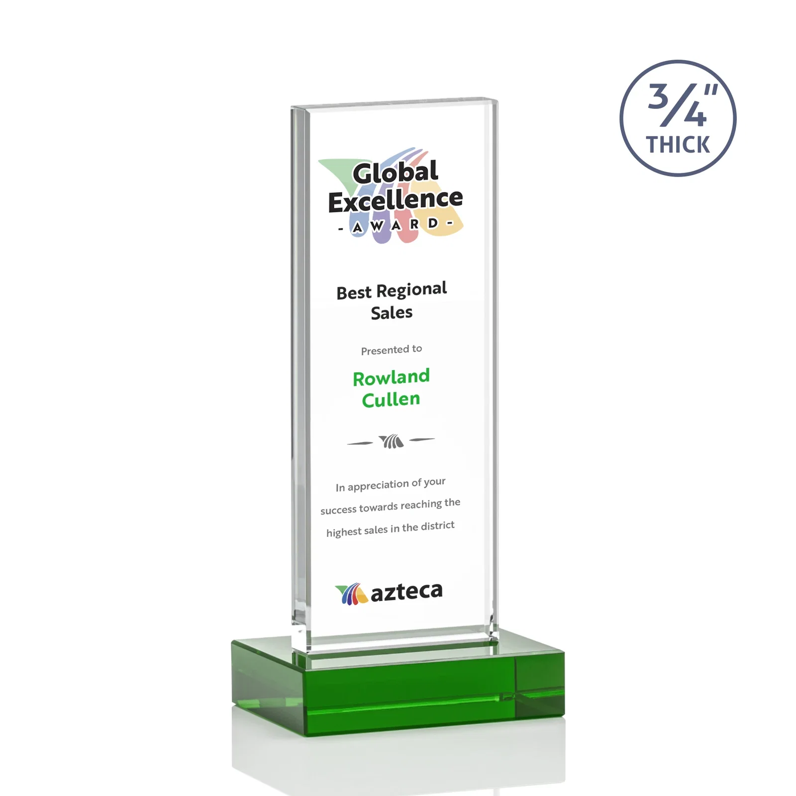 Customized Starfire Crystal Upright Award on 1 Inch Thick Crystal Base, awards for retirement presentations