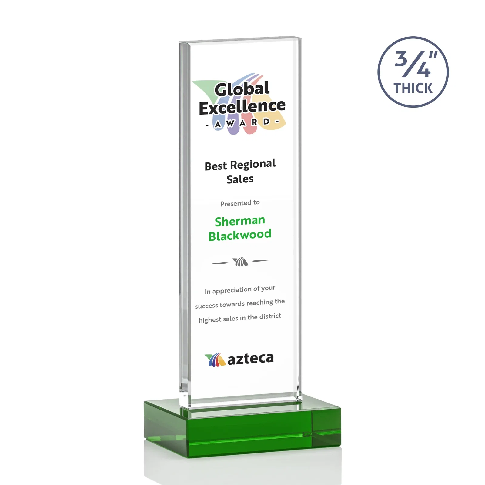 Customized Starfire Crystal Upright Award on 1 Inch Thick Crystal Base, awards for team milestone celebrations