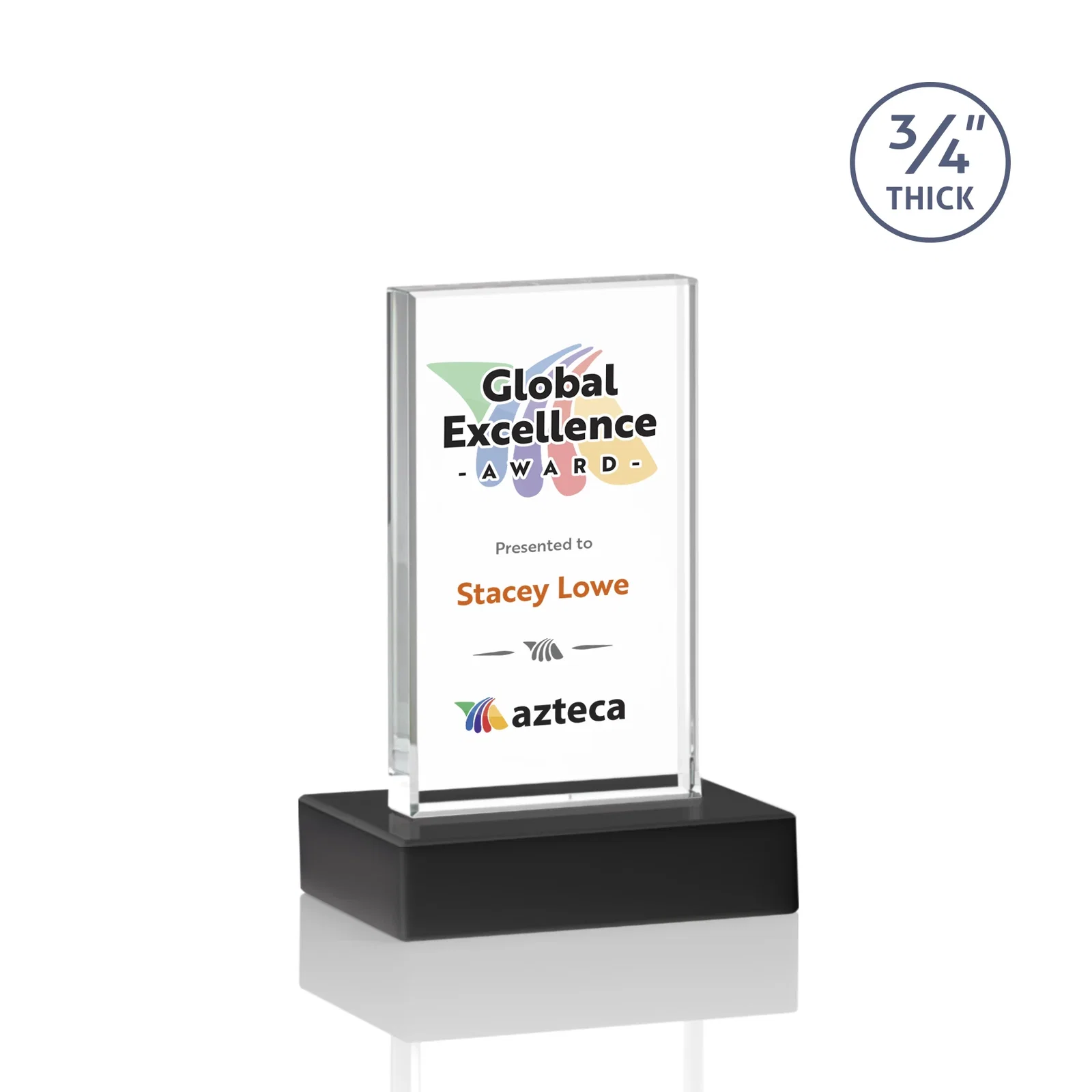 Customized Starfire Crystal Upright Award on 1 Inch Thick Crystal Base, awards for graduation ceremonies