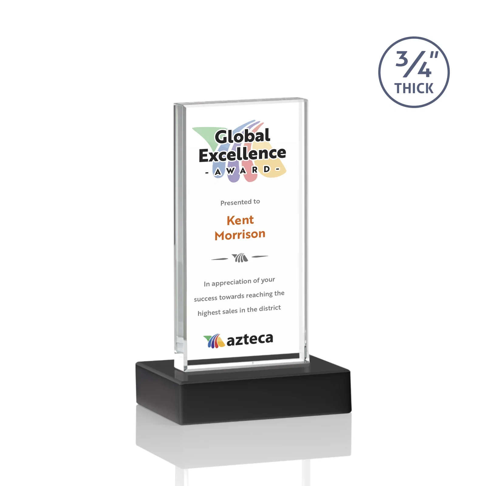 Customized Starfire Crystal Upright Award on 1 Inch Thick Crystal Base, awards for safety achievement programs