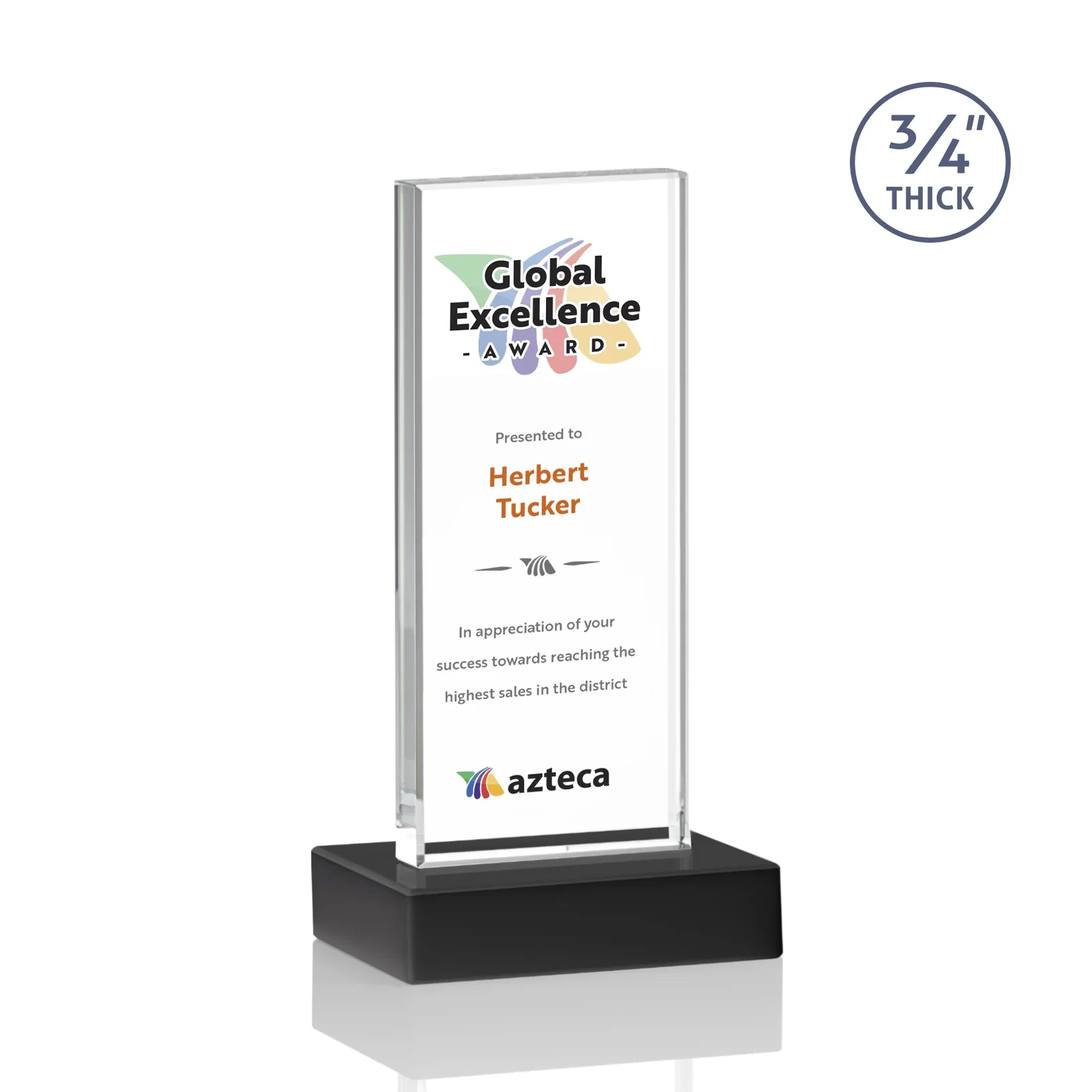 Customized Starfire Crystal Upright Award on 1 Inch Thick Crystal Base, awards for volunteer appreciation