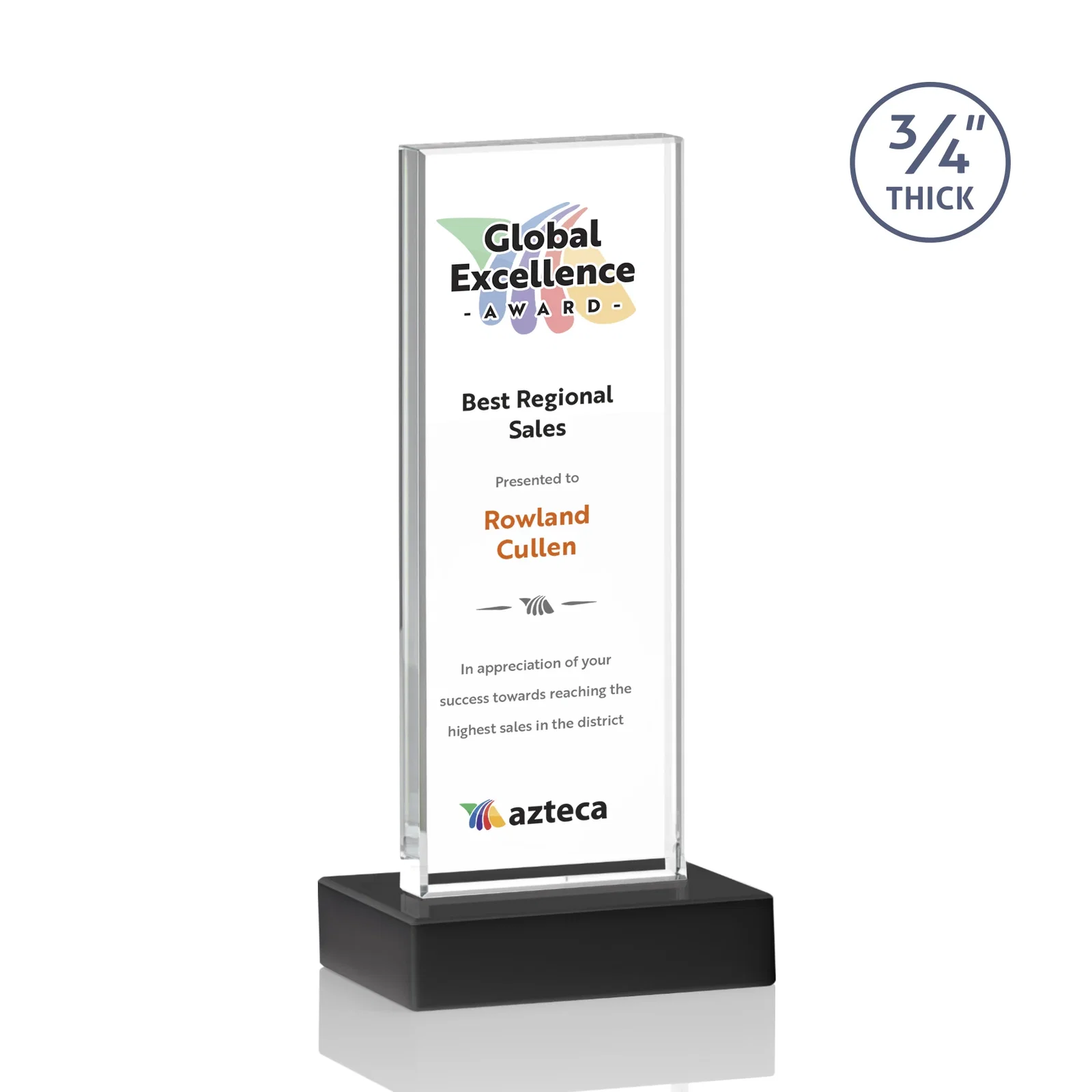 Customized Starfire Crystal Upright Award on 1 Inch Thick Crystal Base, awards for dealer and partner awards