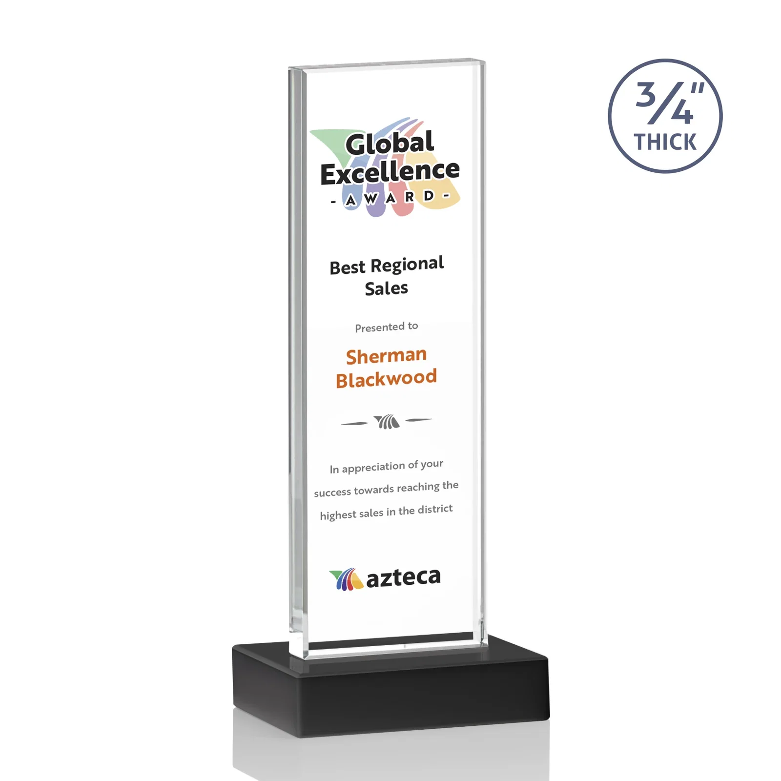 Customized Starfire Crystal Upright Award on 1 Inch Thick Crystal Base, awards for company anniversary events