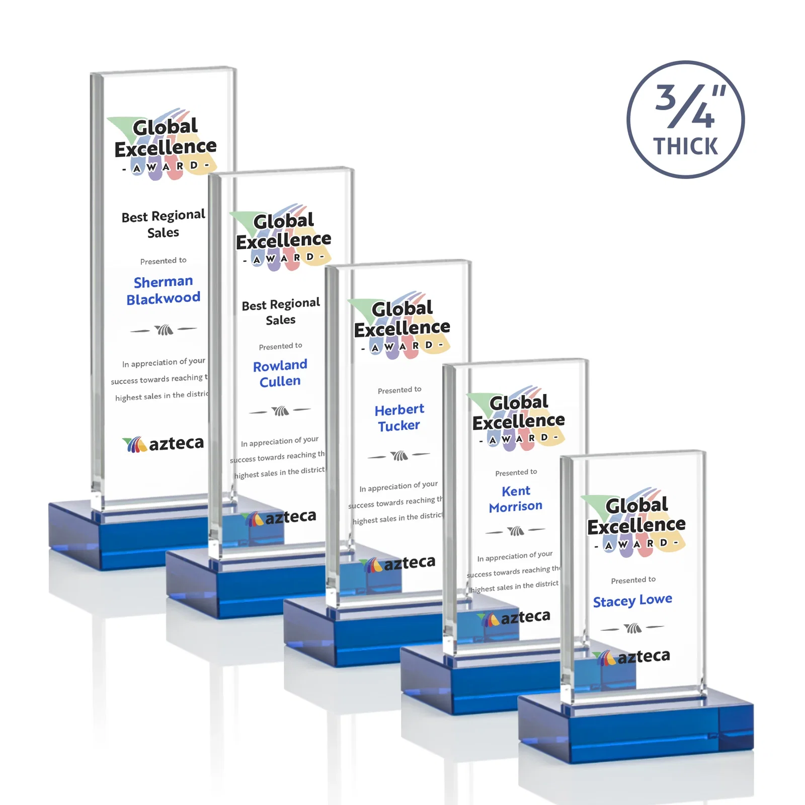Custom engraved Starfire Crystal Upright Award on 1 Inch Thick Crystal Base, awards for employee recognition