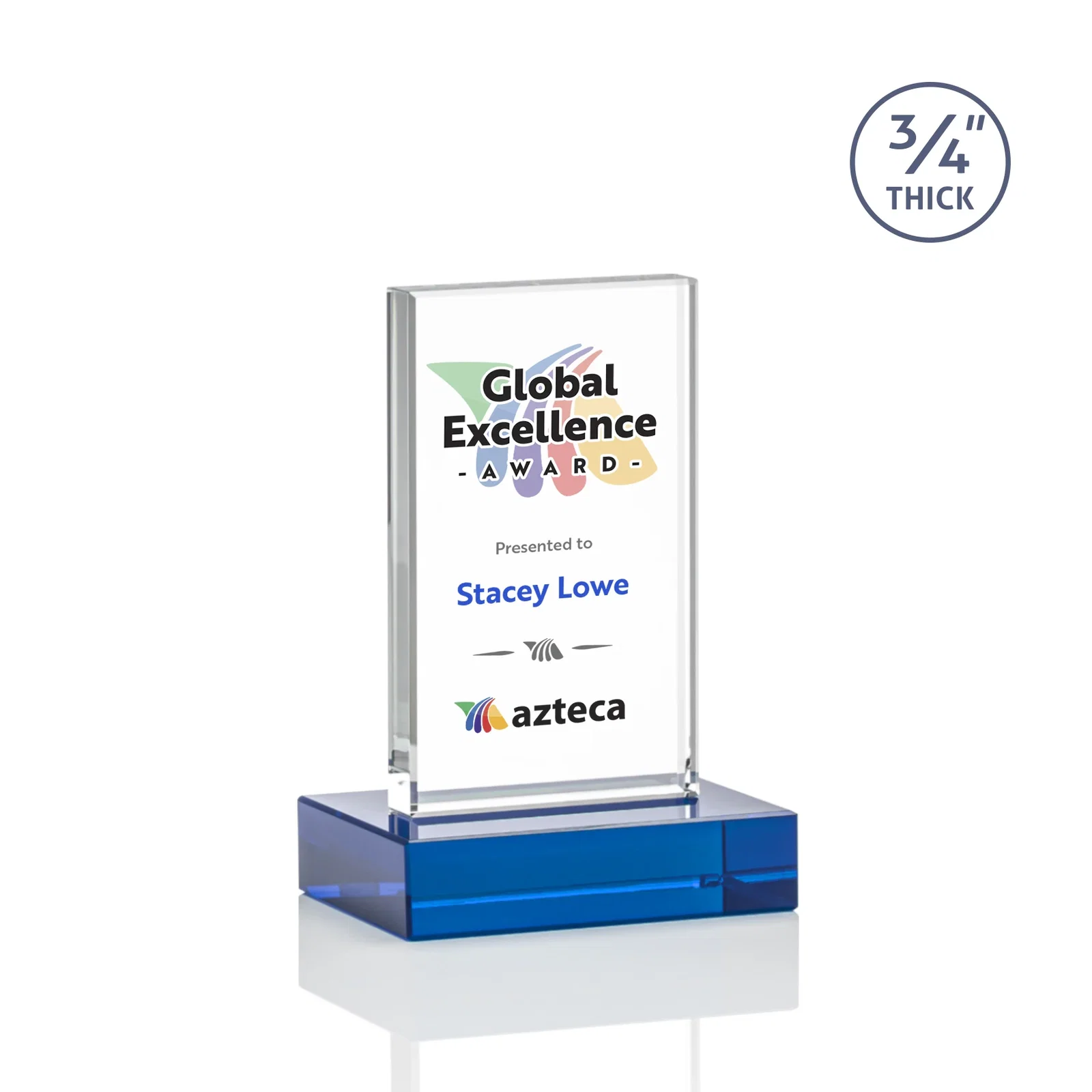 Custom engraved Starfire Crystal Upright Award on 1 Inch Thick Crystal Base, awards for corporate award ceremonies