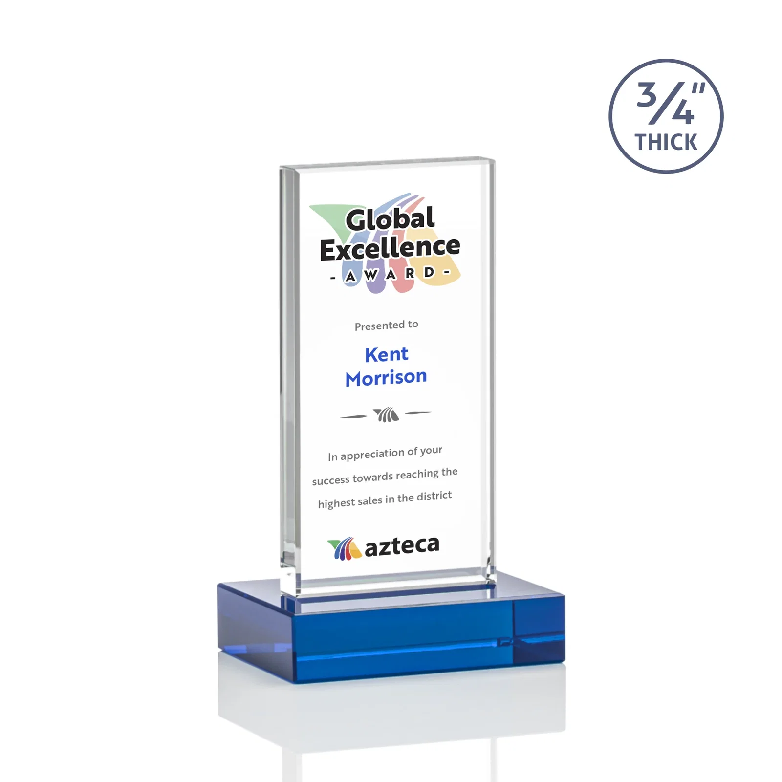 Custom engraved Starfire Crystal Upright Award on 1 Inch Thick Crystal Base, awards for service anniversary gifts