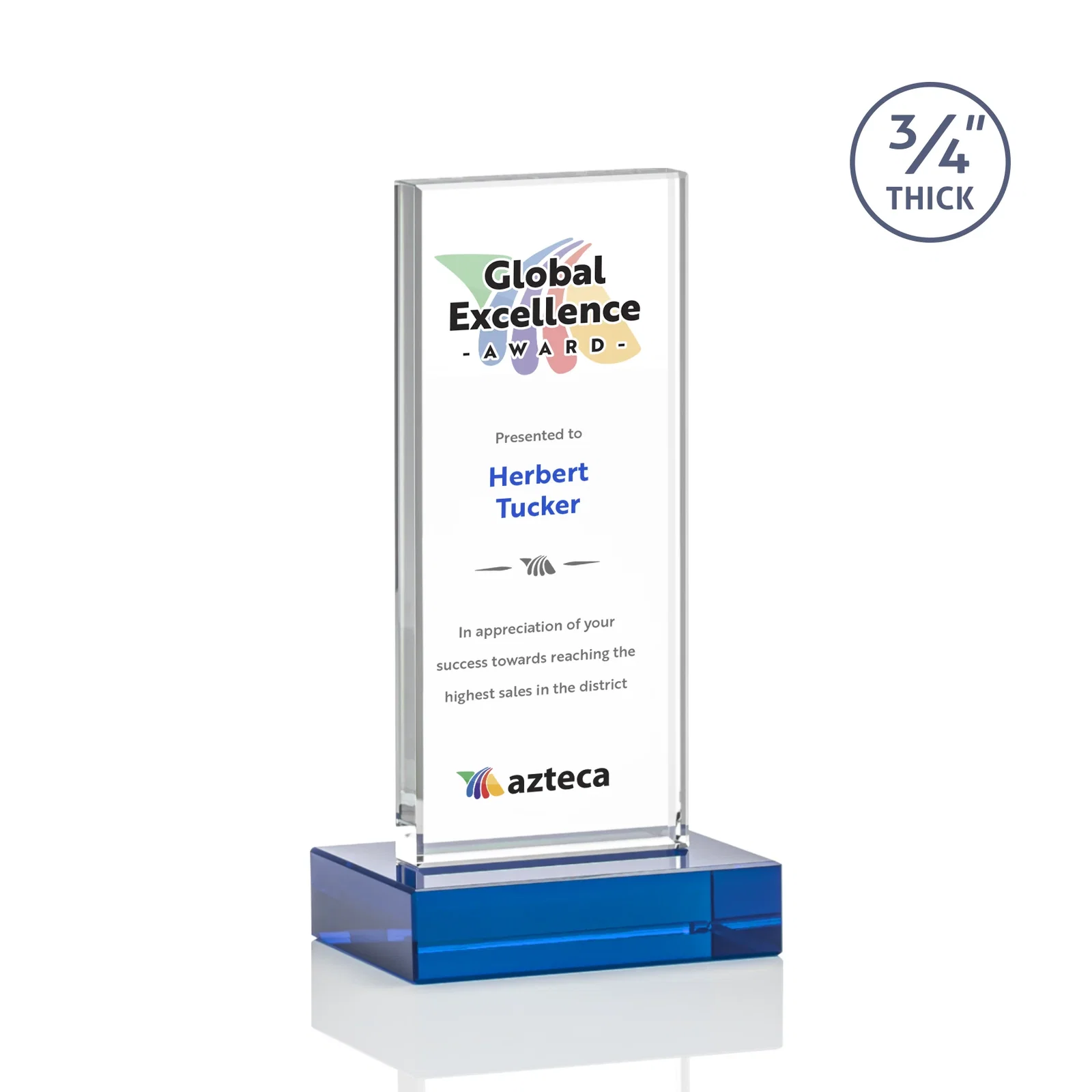 Custom engraved Starfire Crystal Upright Award on 1 Inch Thick Crystal Base, awards for sales achievement awards