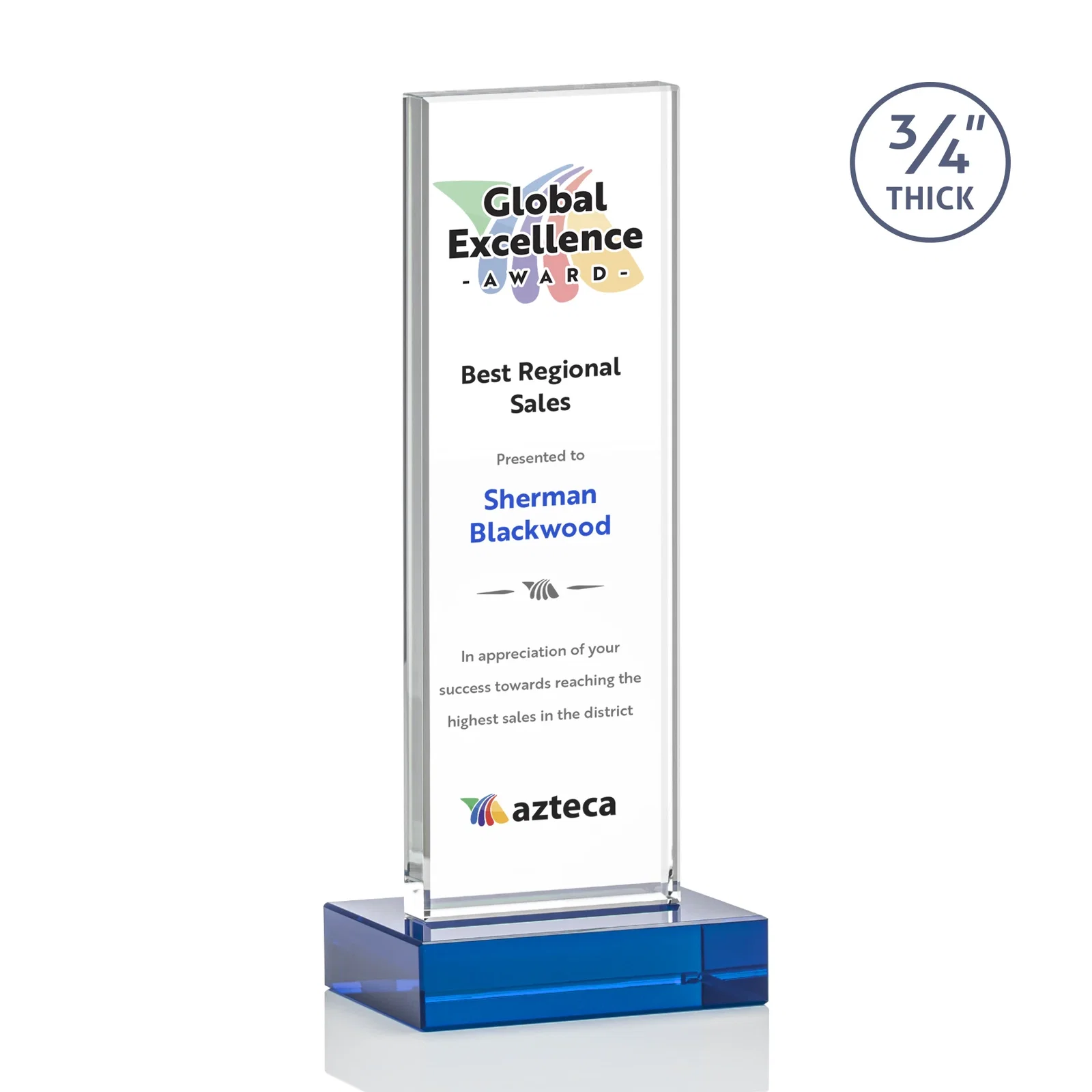 Custom engraved Starfire Crystal Upright Award on 1 Inch Thick Crystal Base, awards for team milestone celebrations