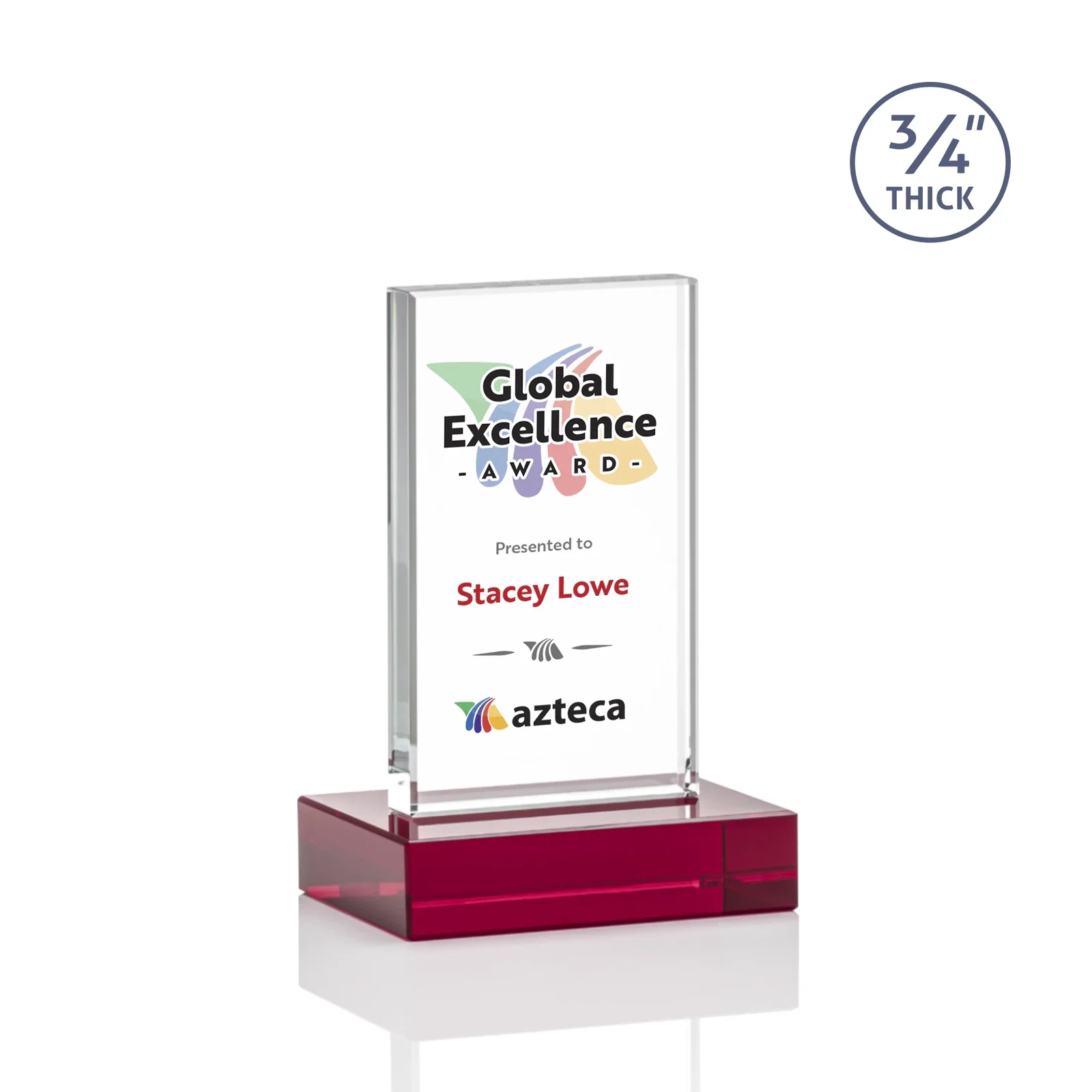 Custom engraved Starfire Crystal Upright Award on 1 Inch Thick Crystal Base, awards for graduation ceremonies