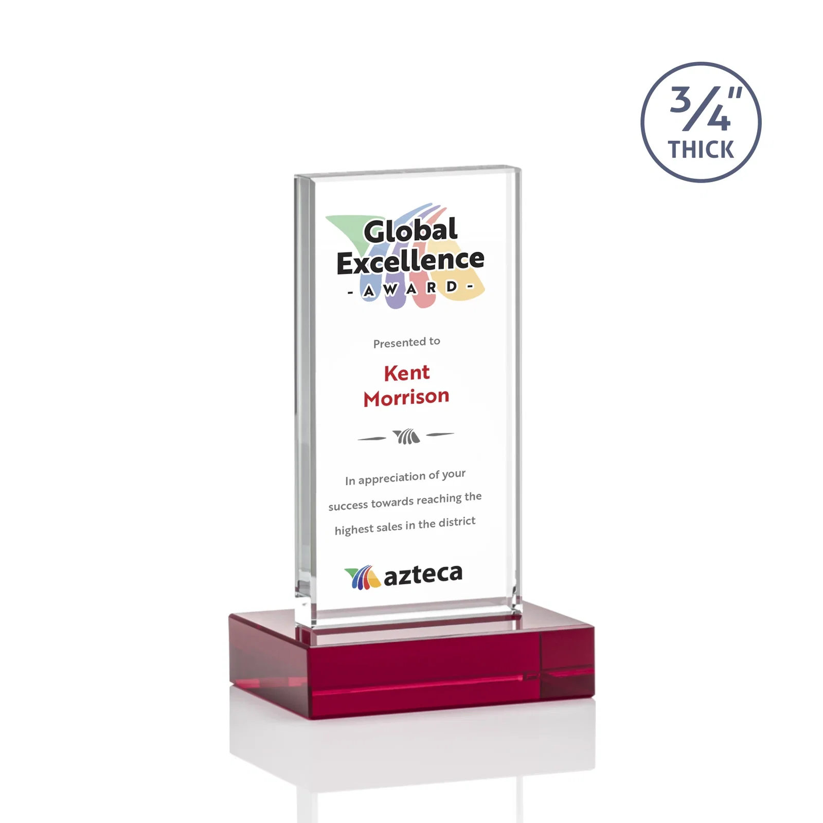 Custom engraved Starfire Crystal Upright Award on 1 Inch Thick Crystal Base, awards for safety achievement programs
