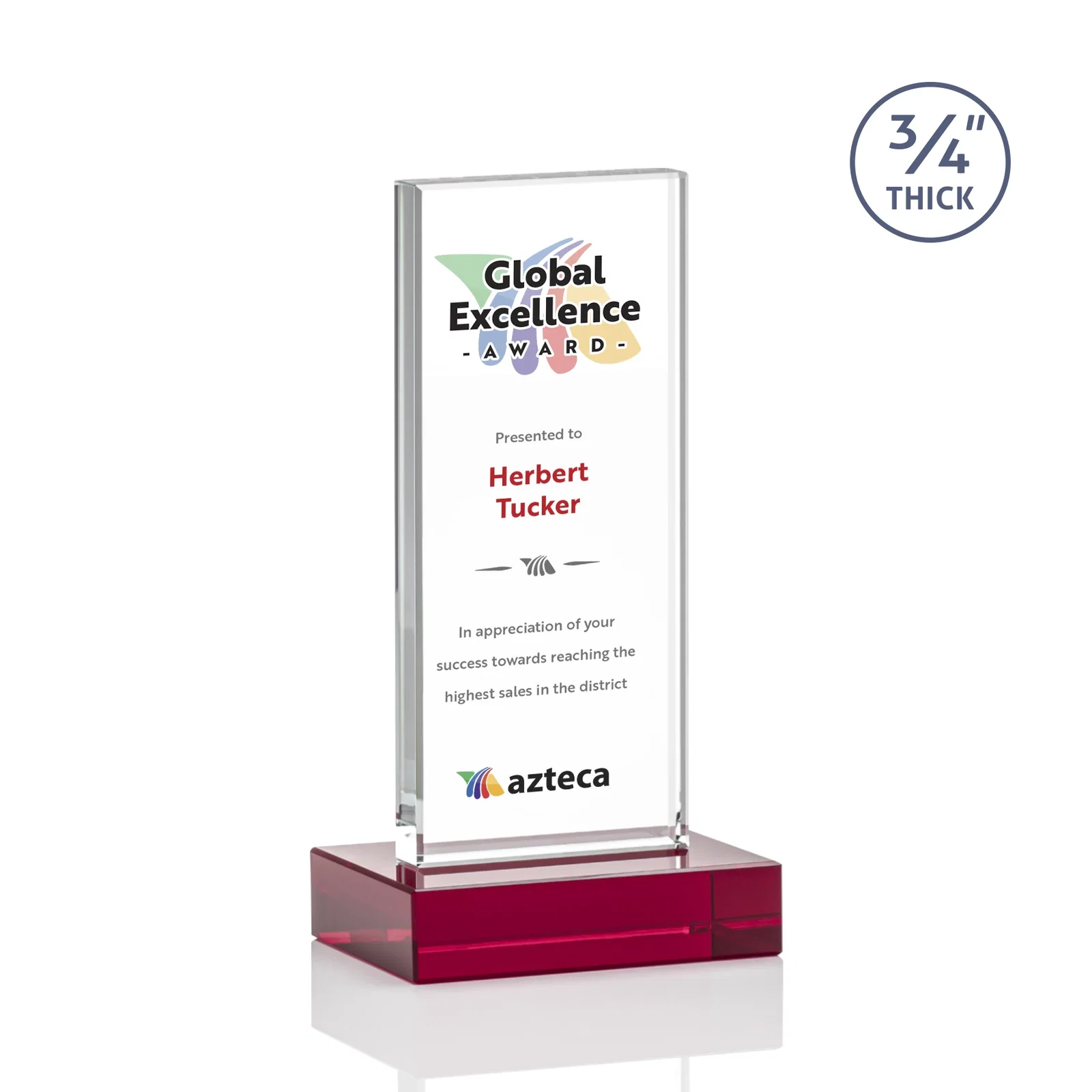 Custom engraved Starfire Crystal Upright Award on 1 Inch Thick Crystal Base, awards for volunteer appreciation