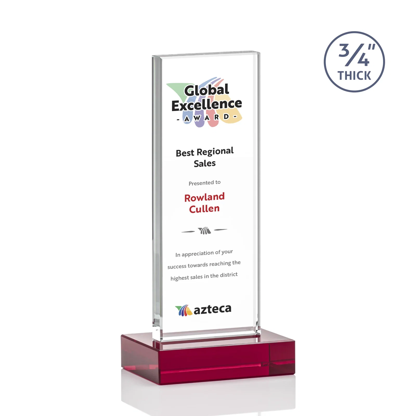 Custom engraved Starfire Crystal Upright Award on 1 Inch Thick Crystal Base, awards for dealer and partner awards