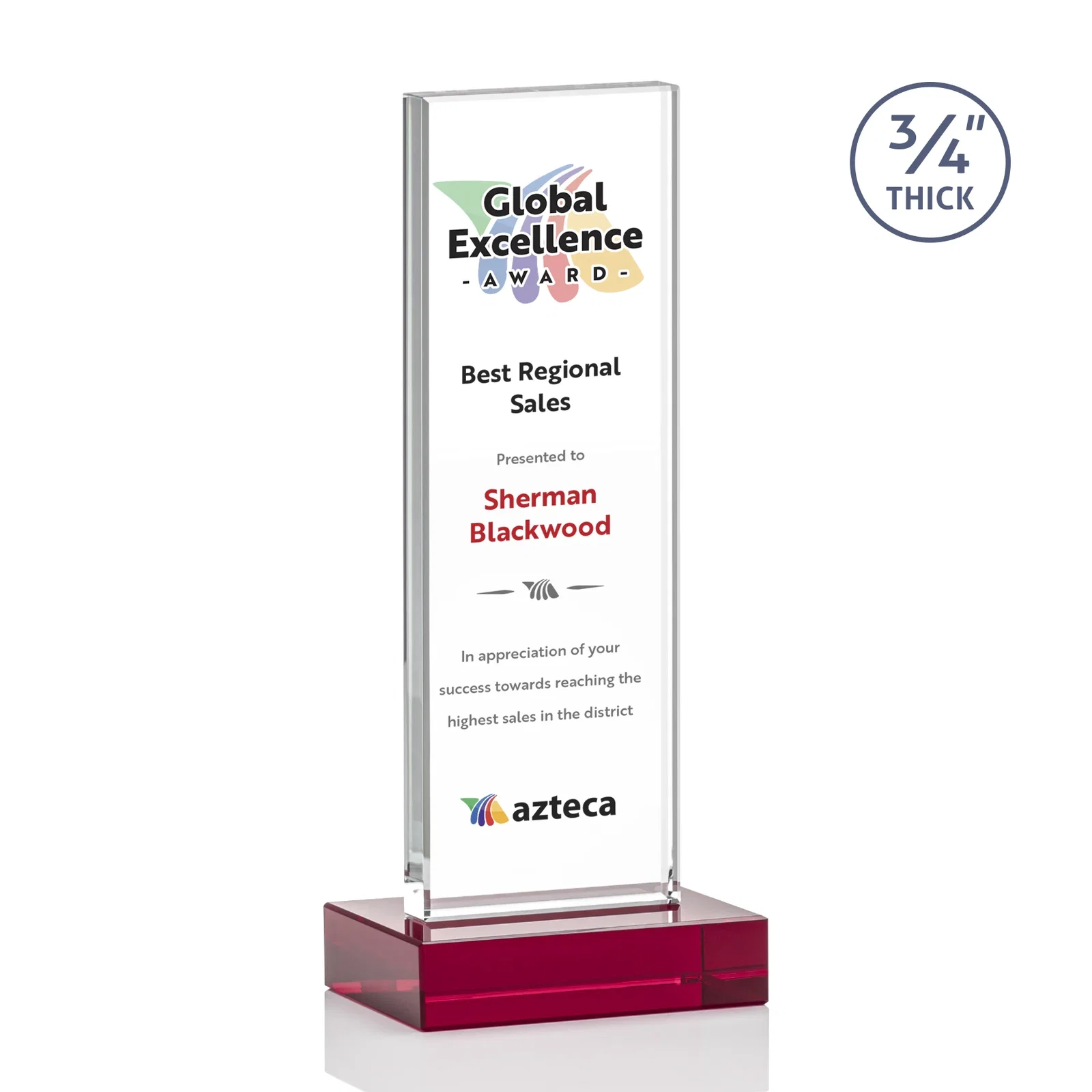 Custom engraved Starfire Crystal Upright Award on 1 Inch Thick Crystal Base, awards for company anniversary events