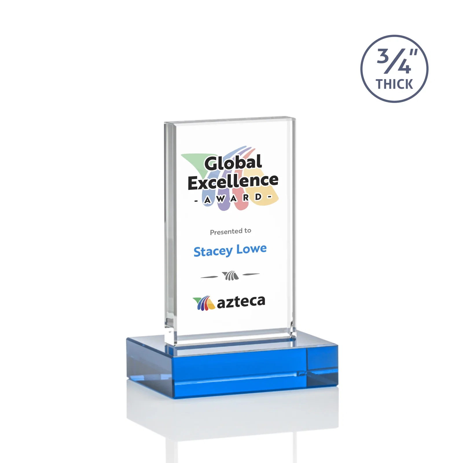 Custom Starfire Crystal Upright Award on 1 Inch Thick Crystal Base, awards, with your logo for corporate award ceremonies