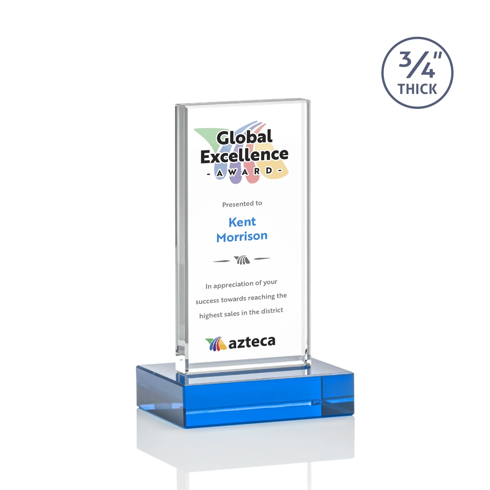Custom Starfire Crystal Upright Award on 1 Inch Thick Crystal Base, awards, with your logo for service anniversary gifts