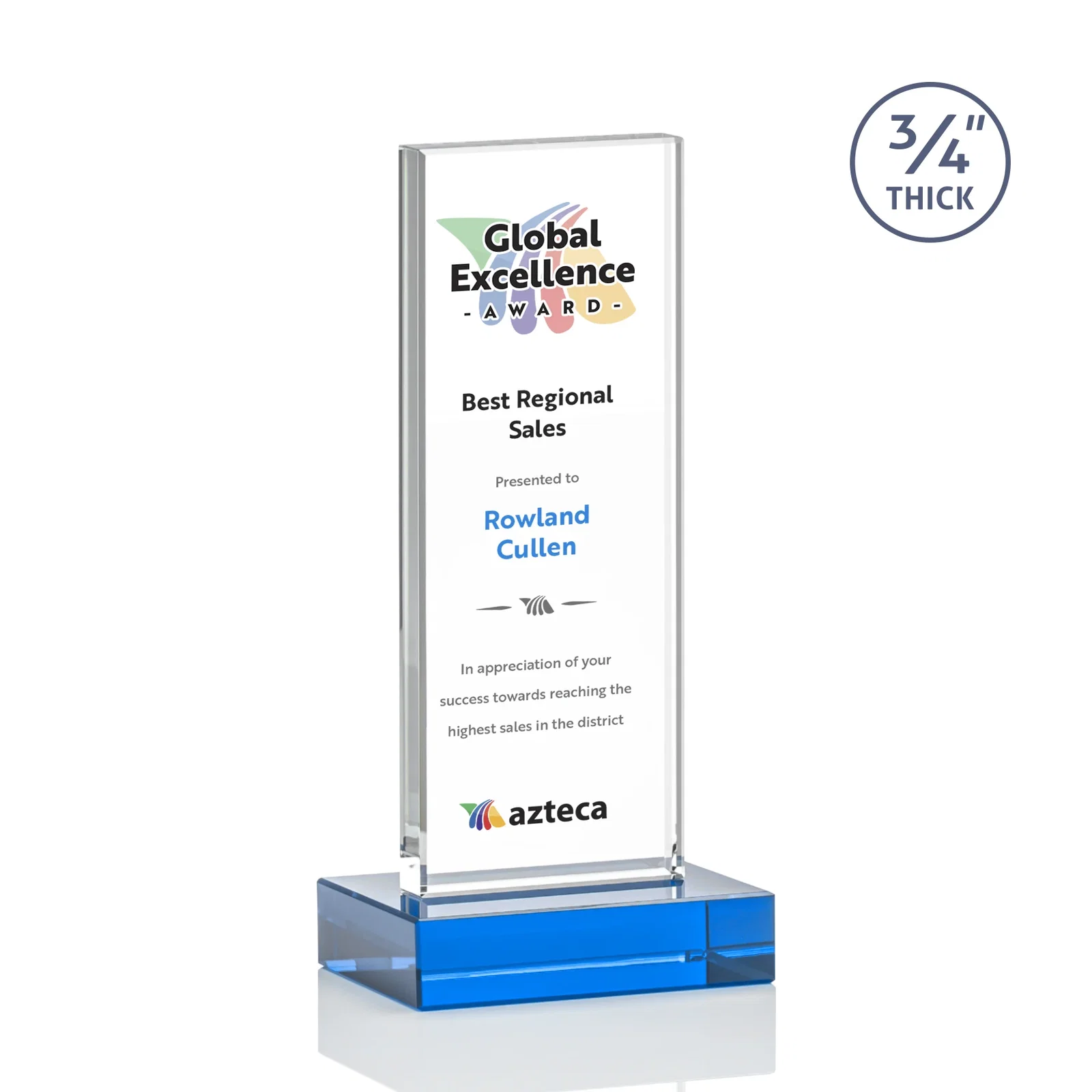 Custom Starfire Crystal Upright Award on 1 Inch Thick Crystal Base, awards, with your logo for retirement presentations