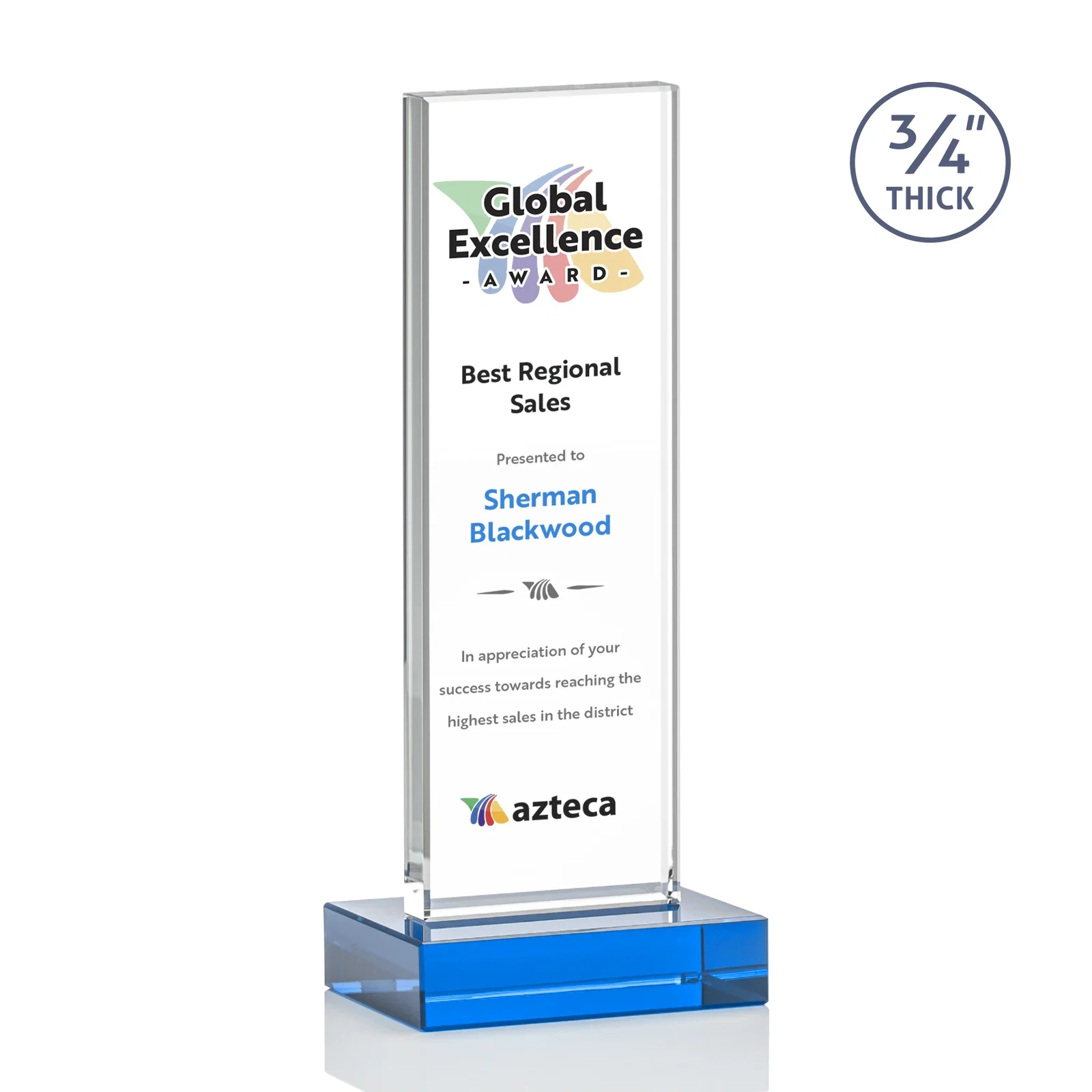Custom Starfire Crystal Upright Award on 1 Inch Thick Crystal Base, awards, with your logo for team milestone celebrations
