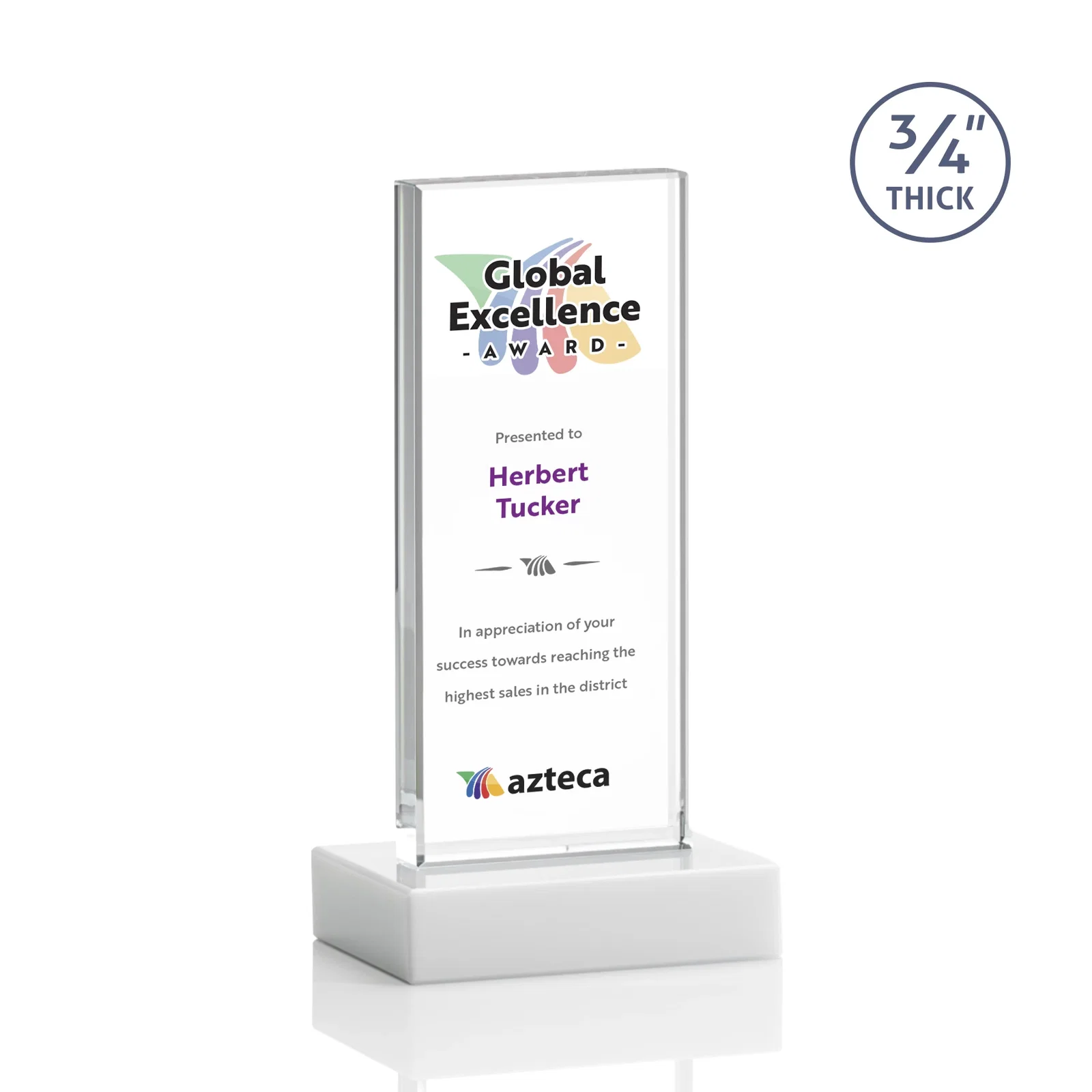 Custom Starfire Crystal Upright Award on 1 Inch Thick Crystal Base, awards, with your logo for volunteer appreciation
