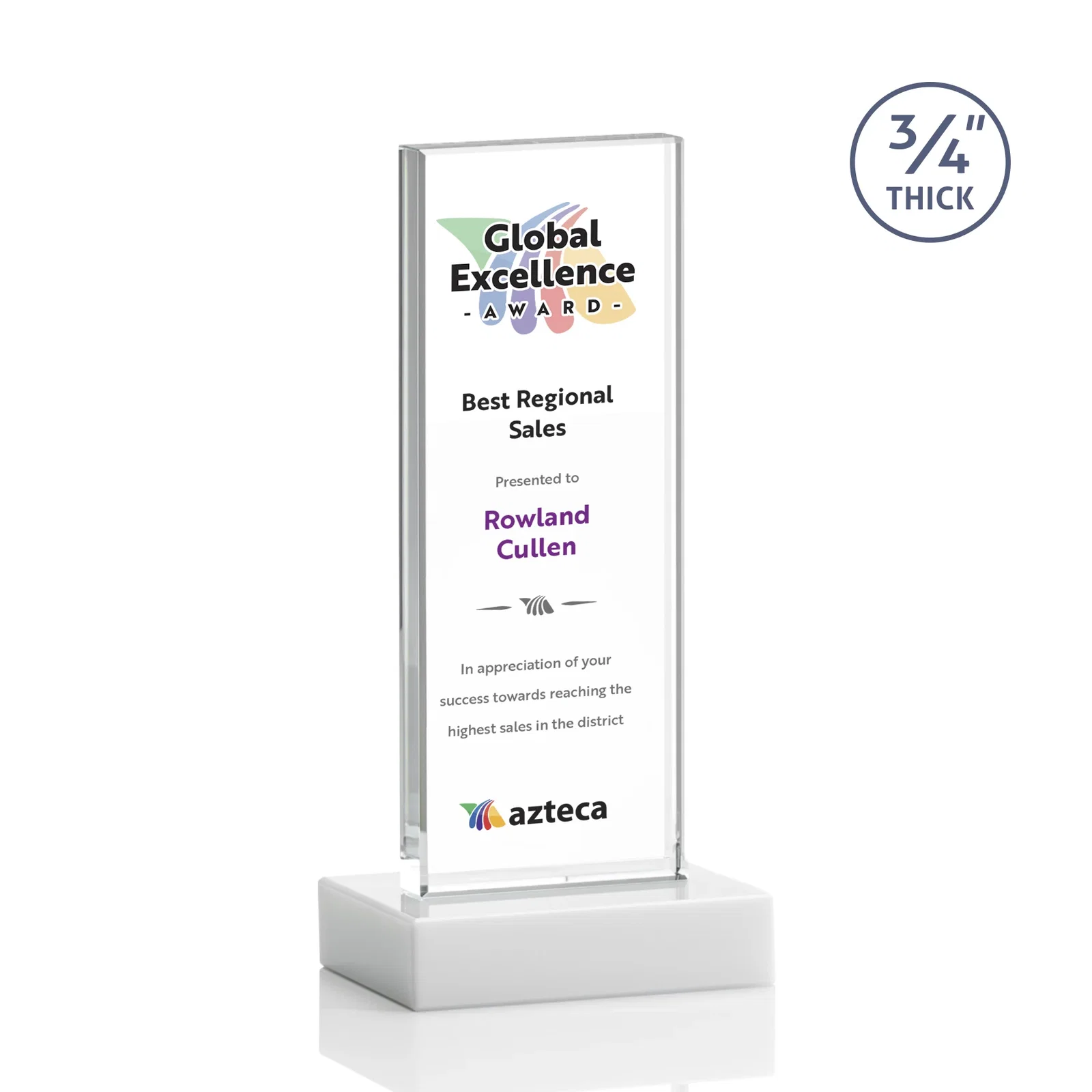 Custom Starfire Crystal Upright Award on 1 Inch Thick Crystal Base, awards, with your logo for dealer and partner awards