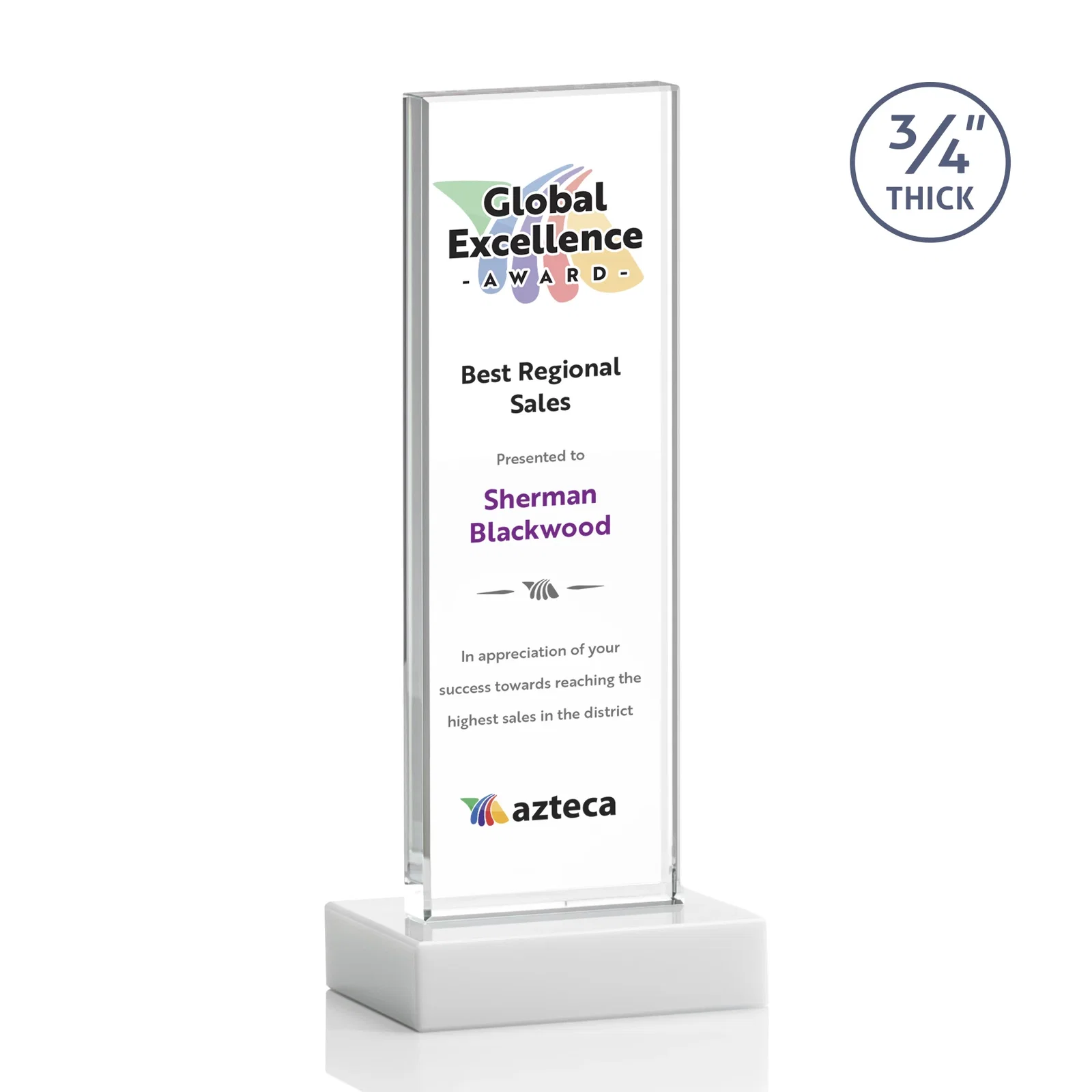 Custom Starfire Crystal Upright Award on 1 Inch Thick Crystal Base, awards, with your logo for company anniversary events