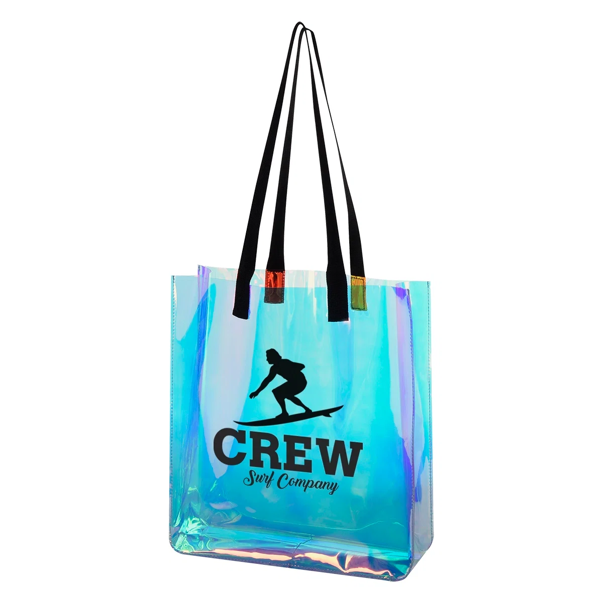 Clear hologram tote bag with black handles standing upright