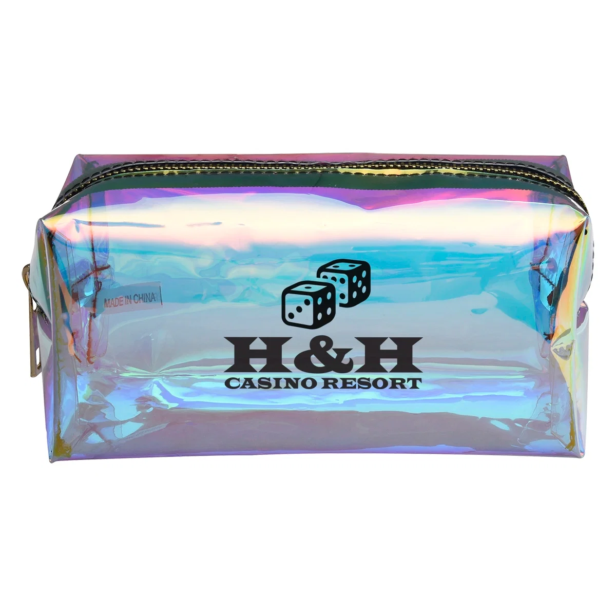Clear vanity bag with gold hologram trim and zip top