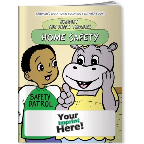Harriet the Hippo home safety coloring book interior page with line-art scenes to color